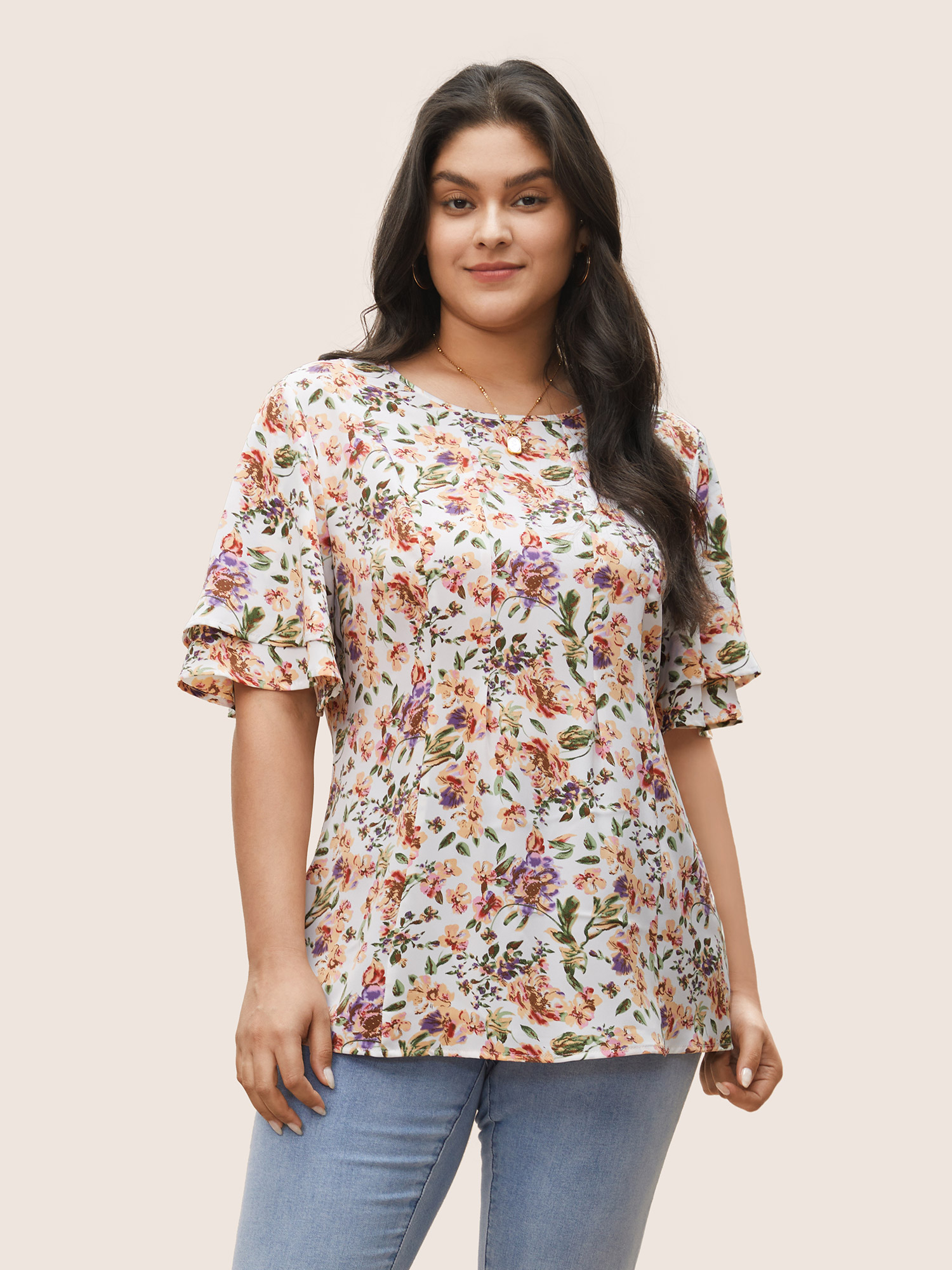 

Plus Size Ivory Floral Print Tiered Flutter Sleeve Blouse Women Elegant Half Sleeve Round Neck Everyday Blouses BloomChic