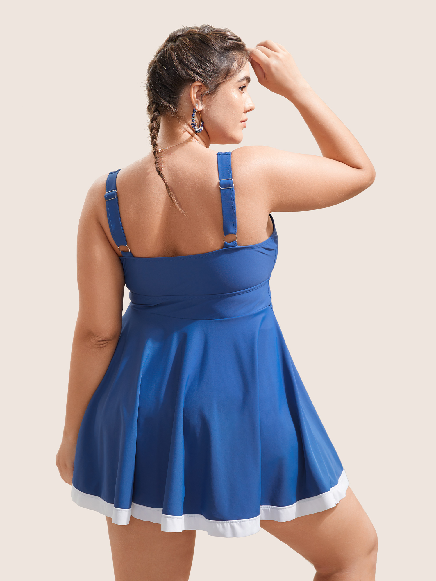 Plus Size Plain Patchwork Ruched Button Detail Swim Dress Women`s Swimwear Blue Beach Bodycon Heart neckline High stretch Curve Swim Dresses BloomChic 10/M 
