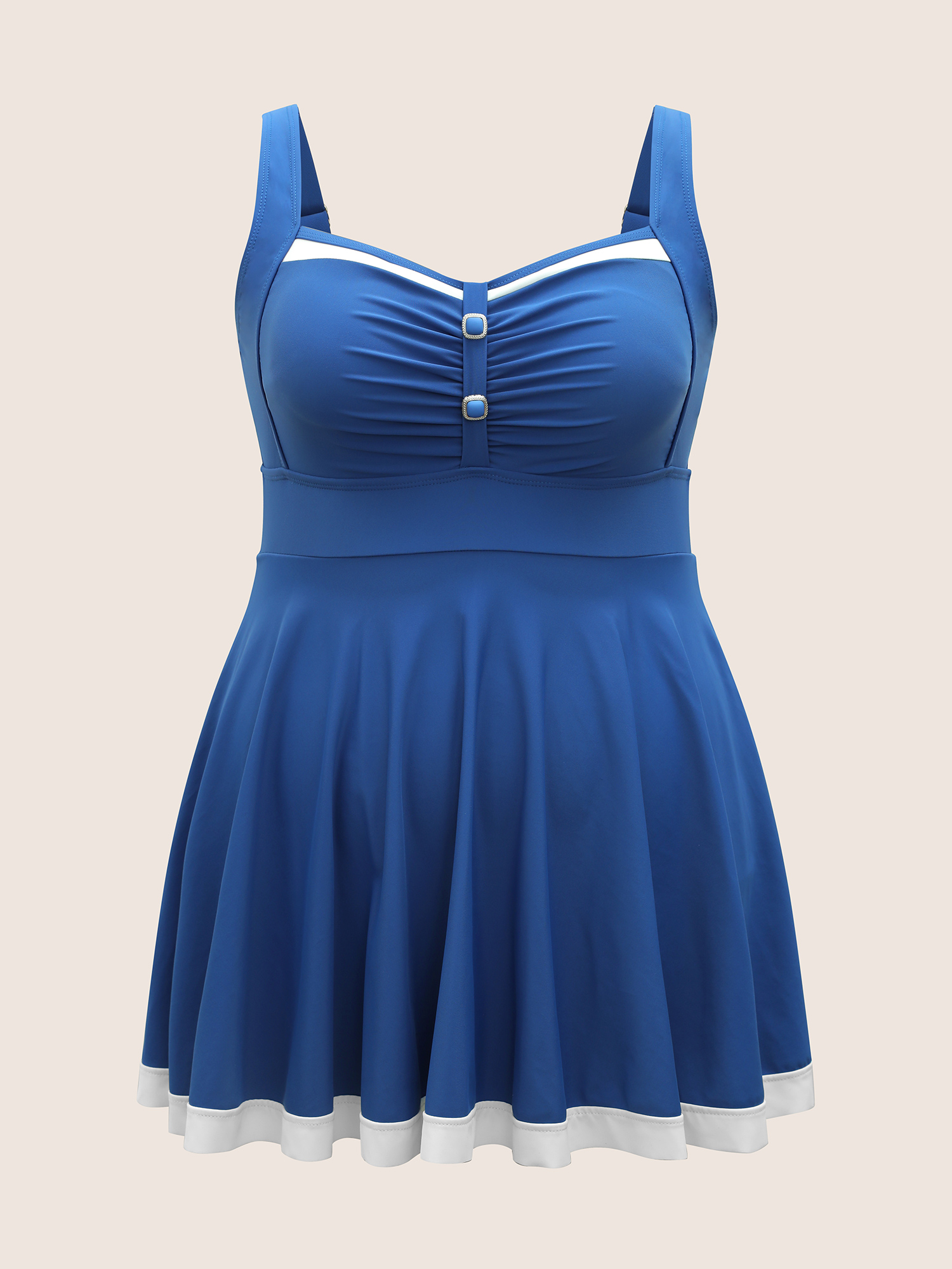 Plus Size Plain Patchwork Ruched Button Detail Swim Dress Women`s Swimwear Blue Beach Bodycon Heart neckline High stretch Curve Swim Dresses BloomChic 10/M 