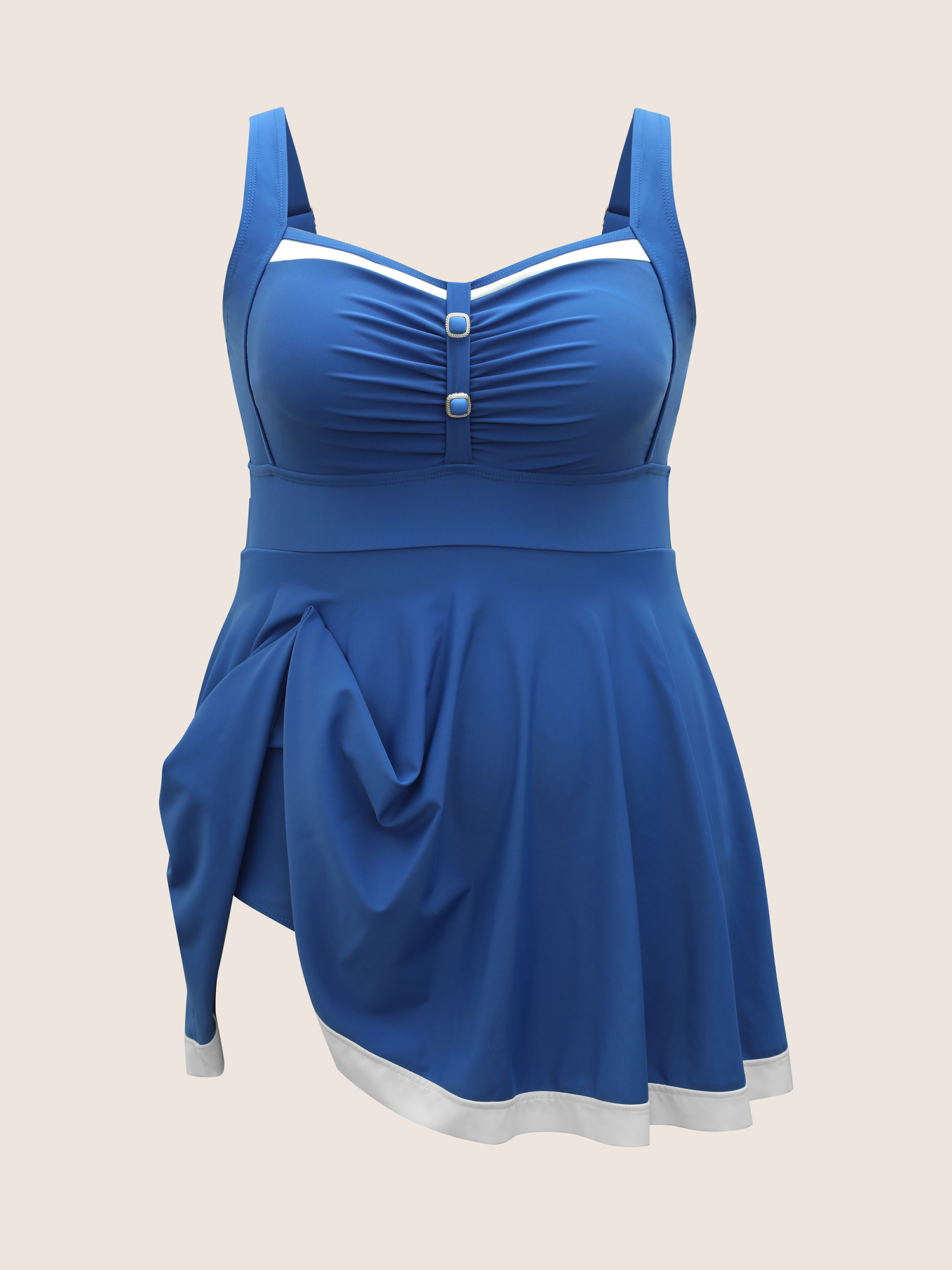 Plus Size Plain Patchwork Ruched Button Detail Swim Dress Women`s Swimwear Blue Beach Bodycon Heart neckline High stretch Curve Swim Dresses BloomChic 10/M 