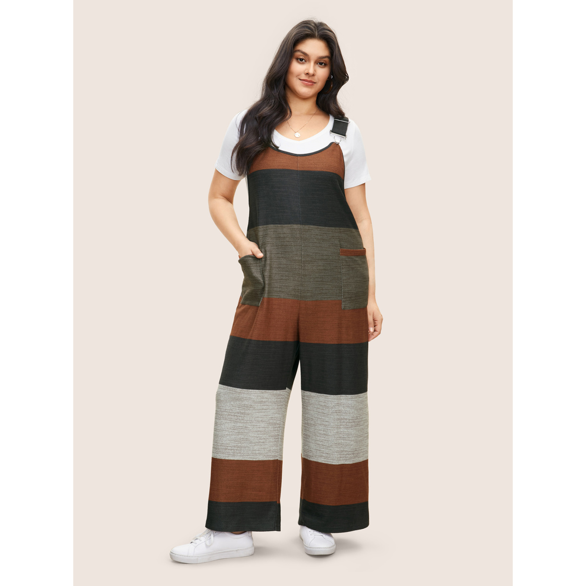 

Plus Size Multicolor Colorblock Patchwork Patched Pocket Overall Jumpsuit Women Casual U-neck Everyday Loose Jumpsuits BloomChic