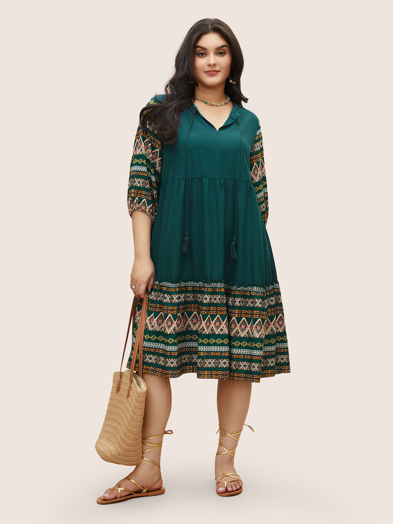 

Plus Size Bandana Patchwork Knot Neck Tassel Trim Dress Green Women Resort Non V-neck Elbow-length sleeve Curvy Midi Dress BloomChic