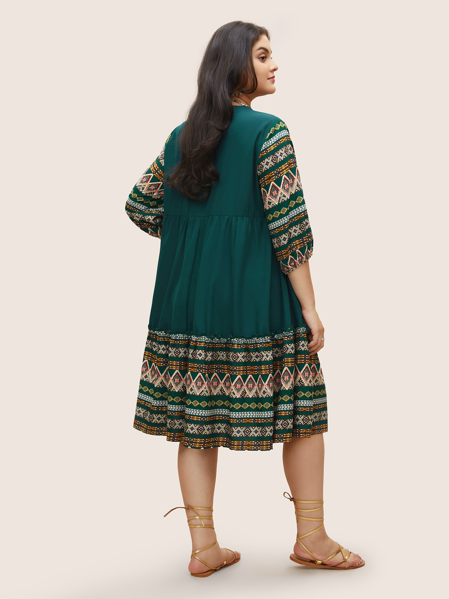 Plus Size Bandana Patchwork Knot Neck Tassel Trim Dress Green Women Resort Non V-neck Elbow-length sleeve Curvy Midi Dress BloomChic 26/4X 