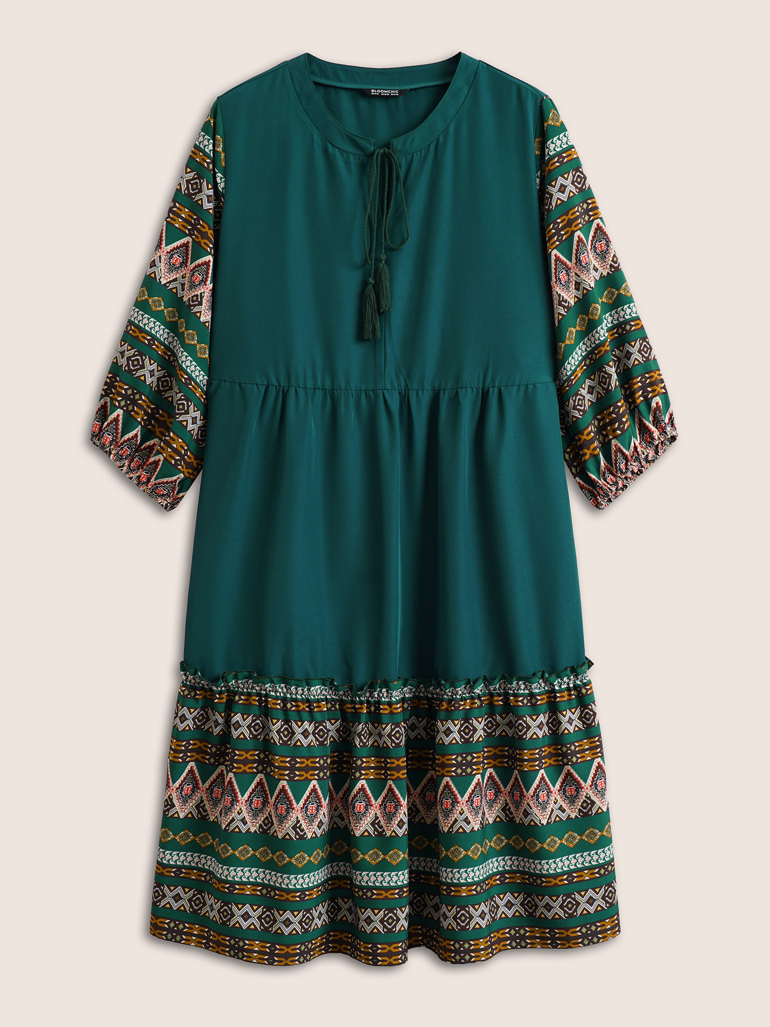 Plus Size Bandana Patchwork Knot Neck Tassel Trim Dress Green Women Resort Non V-neck Elbow-length sleeve Curvy Midi Dress BloomChic 26/4X 