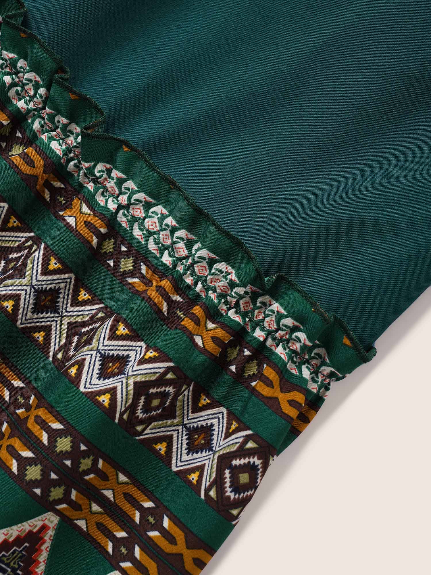 Plus Size Bandana Patchwork Knot Neck Tassel Trim Dress Green Women Resort Non V-neck Elbow-length sleeve Curvy Midi Dress BloomChic 26/4X 