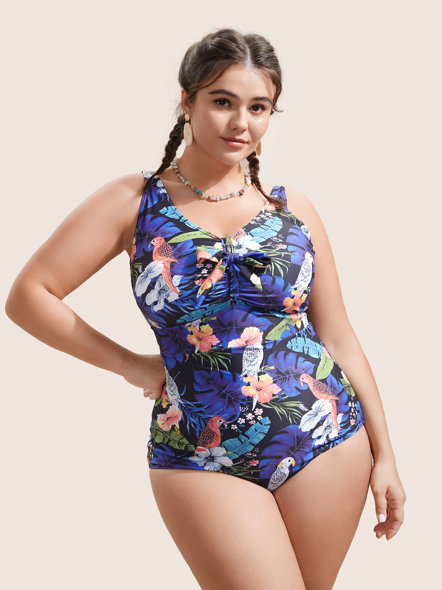 Plus Size Tropical Print Knotted Tummy Control One Piece Swimsuit Women`s Swimwear Multicolor Beach Non Curve Bathing Suits High stretch One Pieces BloomChic 30/6X 