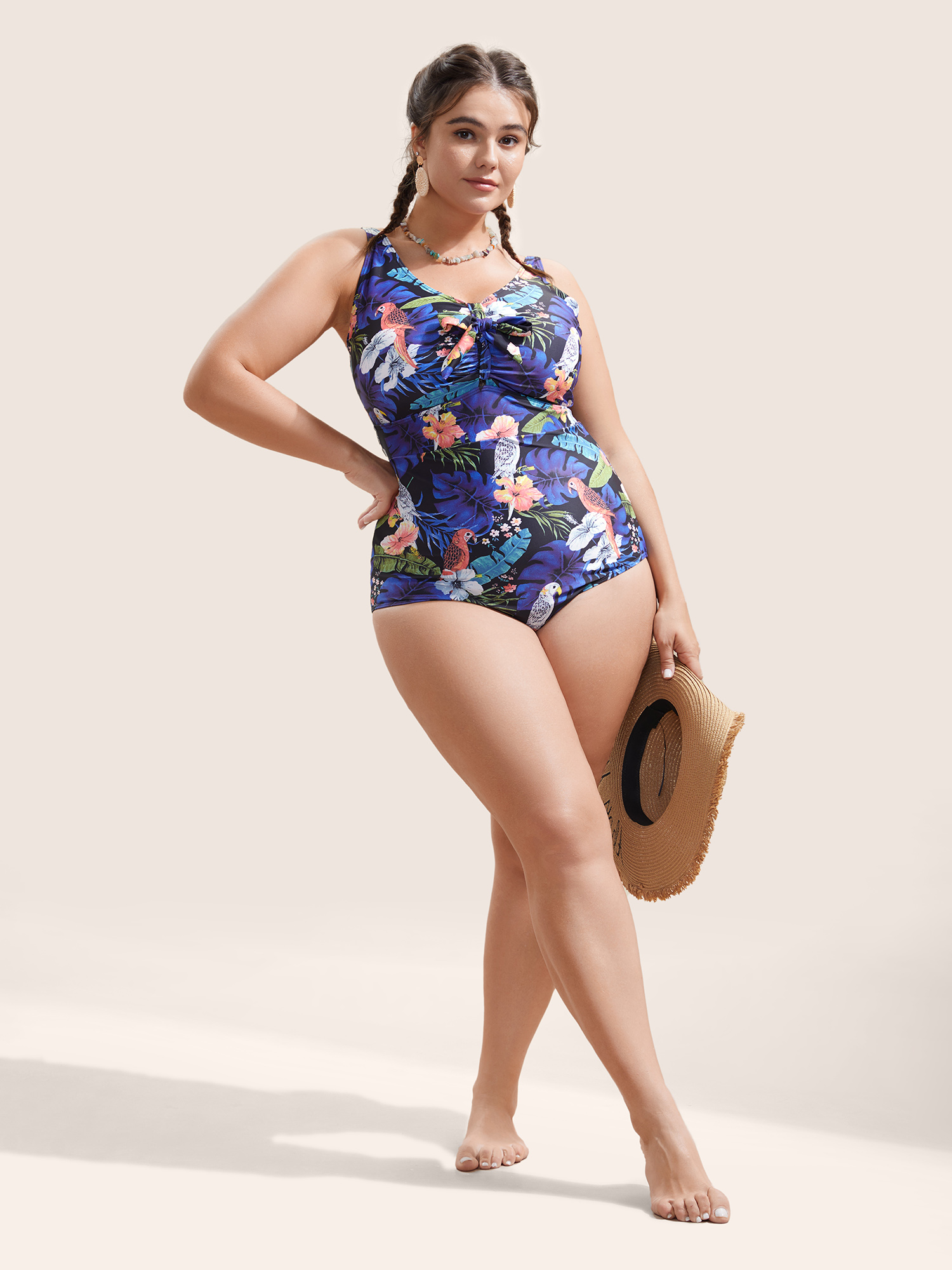 Plus Size Tropical Print Knotted Tummy Control One Piece Swimsuit Women`s Swimwear Multicolor Beach Non Curve Bathing Suits High stretch One Pieces BloomChic 30/6X 