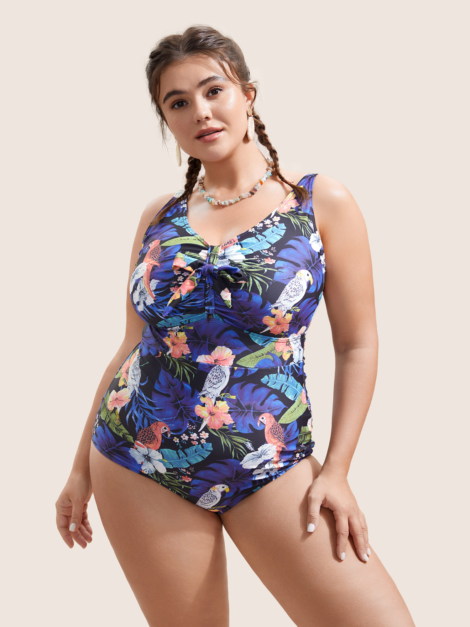 

Plus Size Tropical Print Knotted Tummy Control One Piece Swimsuit Women's Swimwear Multicolor Beach Non Curve Bathing Suits High stretch One Pieces BloomChic