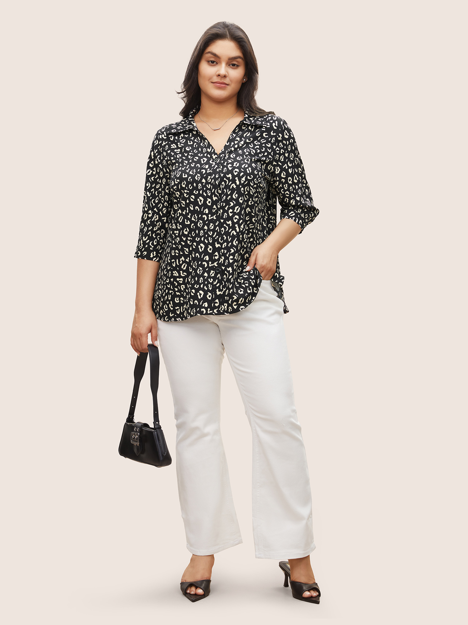

Plus Size BlackFlower Leopard Print Shirt Collar Button Up Blouse Women At the Office Elbow-length sleeve Shirt collar Work Blouses BloomChic