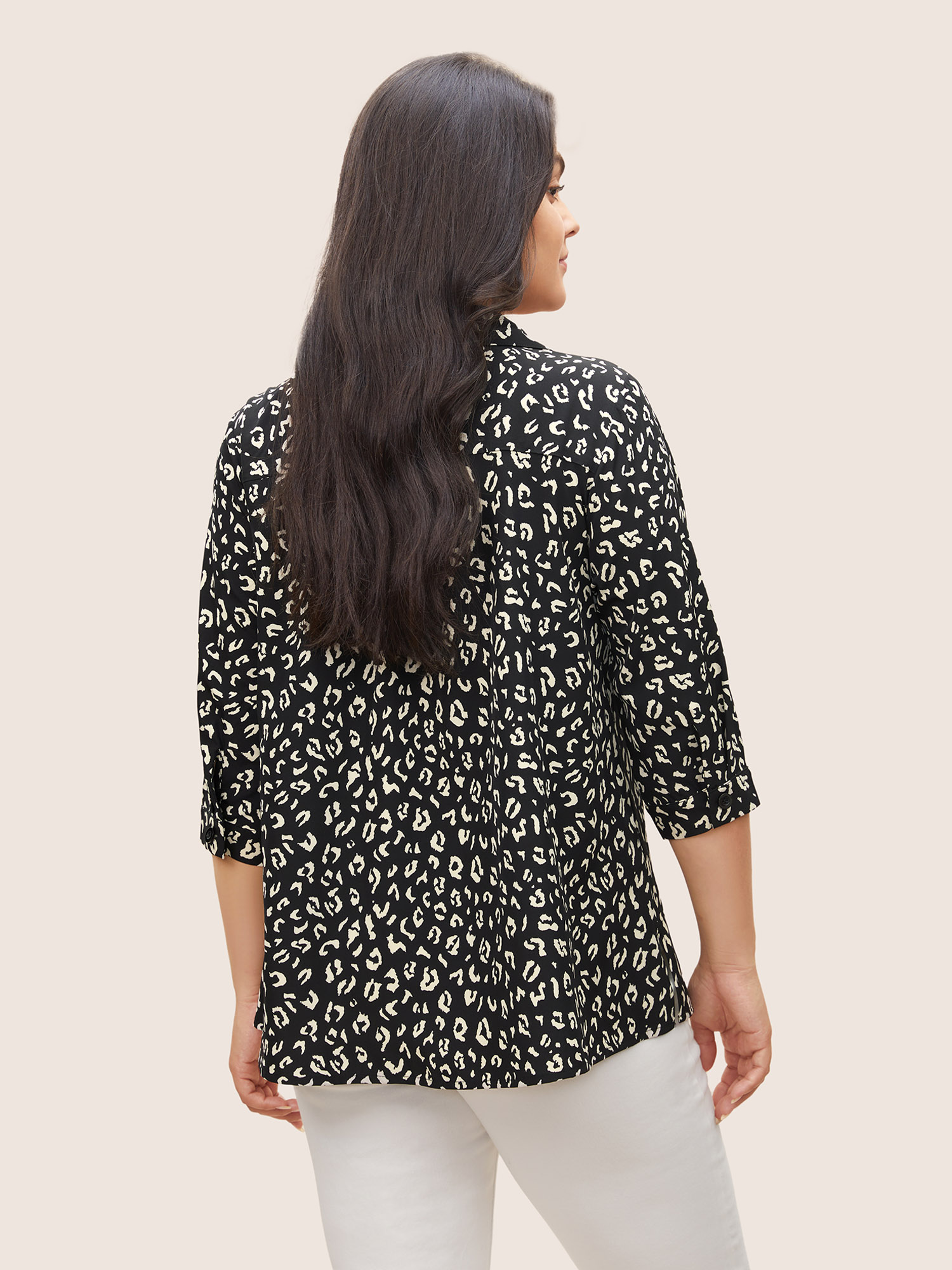 Plus Size BlackFlower Leopard Print Shirt Collar Button Up Blouse Women At the Office Elbow-length sleeve Shirt collar Work Blouses BloomChic 18-20/2X 