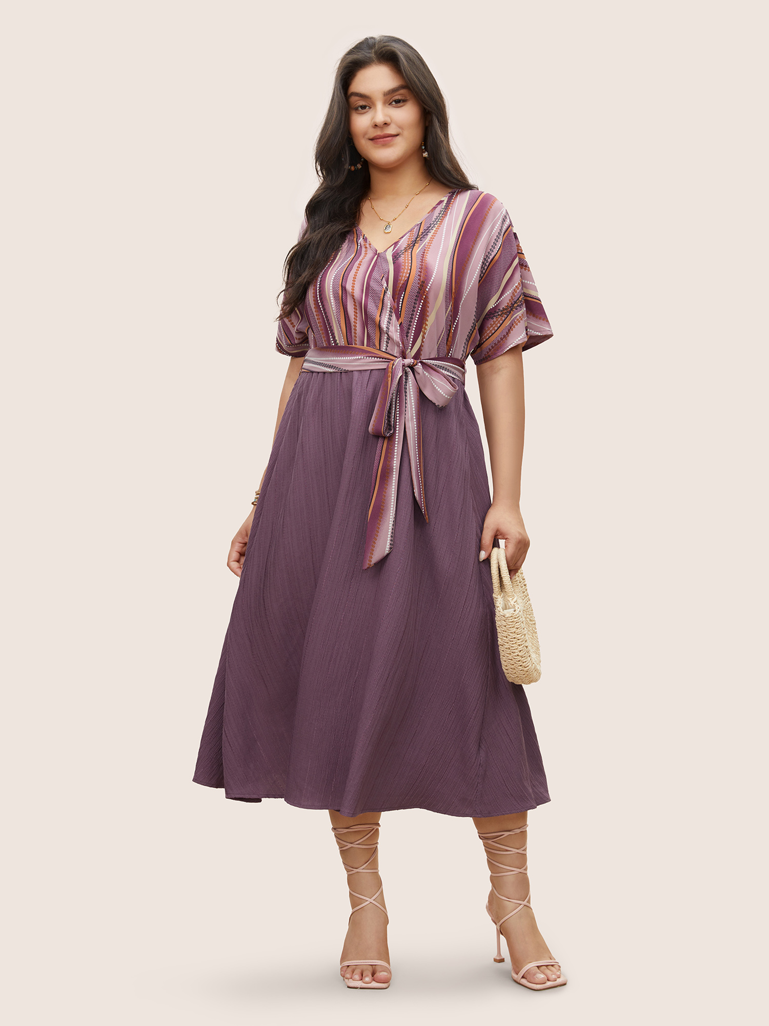 

Plus Size Striped Patchwork Overlap Collar Ties Dress Mauve Women Resort Non Overlap Collar Short sleeve Curvy Midi Dress BloomChic