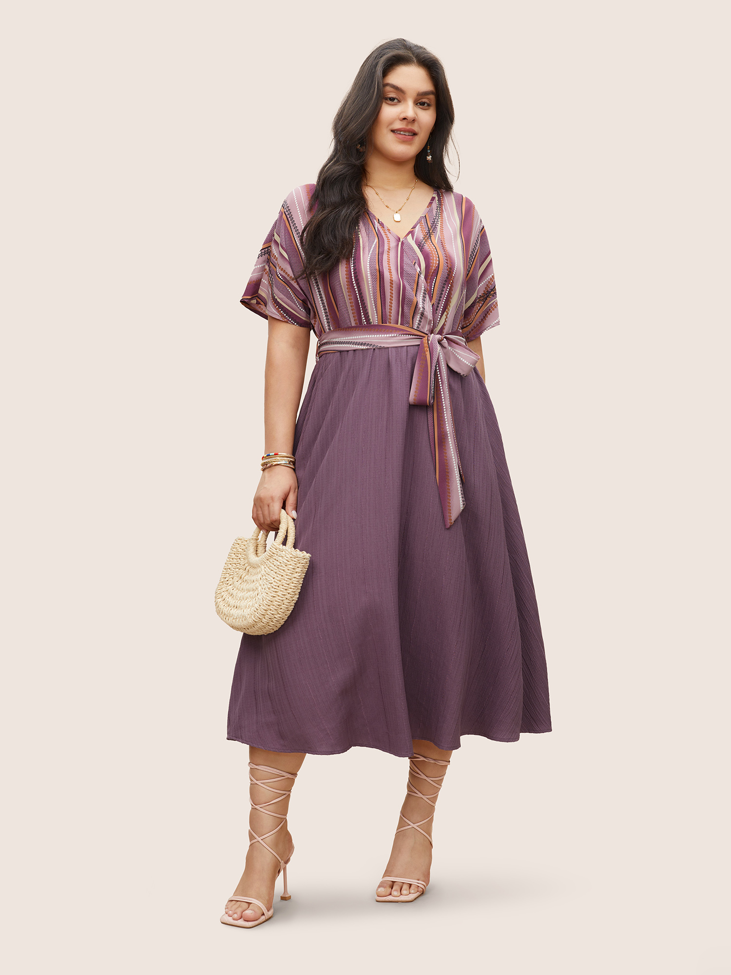 

Plus Size Striped Patchwork Overlap Collar Ties Dress Mauve Women Resort Non Overlap Collar Short sleeve Curvy Midi Dress BloomChic