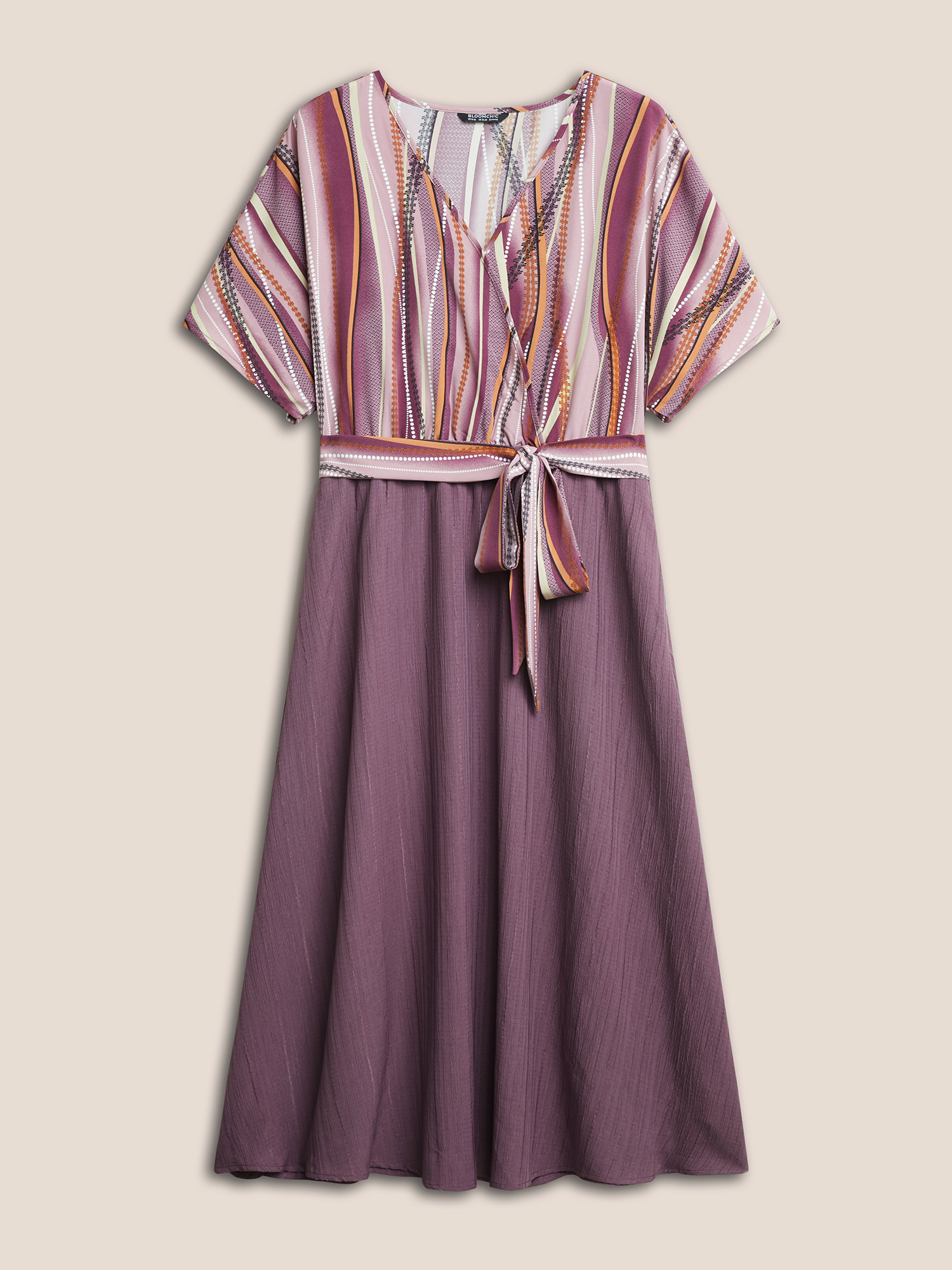 

Plus Size Striped Patchwork Overlap Collar Ties Dress Mauve Women Resort Non Overlap Collar Short sleeve Curvy Midi Dress BloomChic