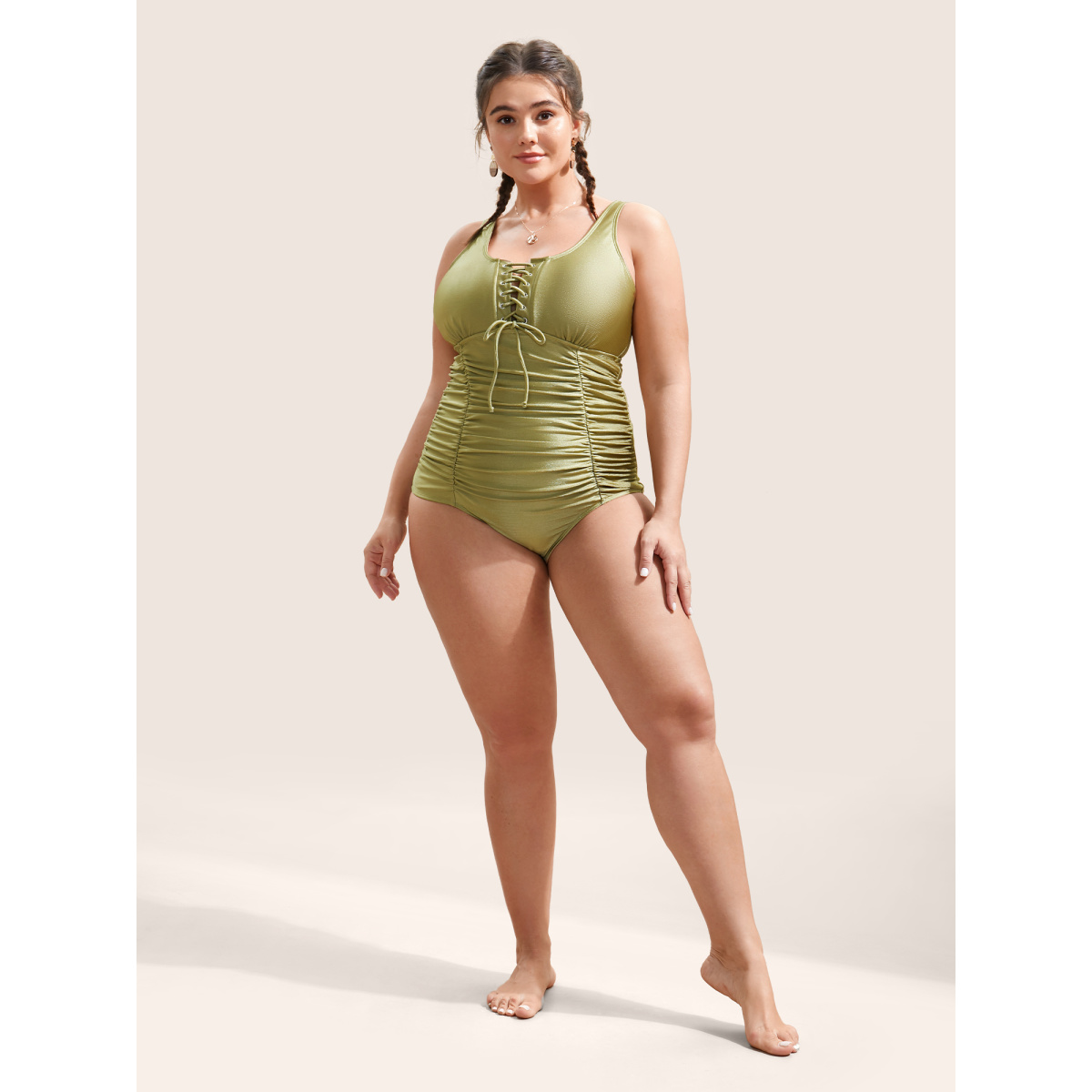 

Plus Size Solid Lace Up Gathered One Piece Swimsuit Women's Swimwear Olive Beach Non Curve Bathing Suits High stretch One Pieces BloomChic