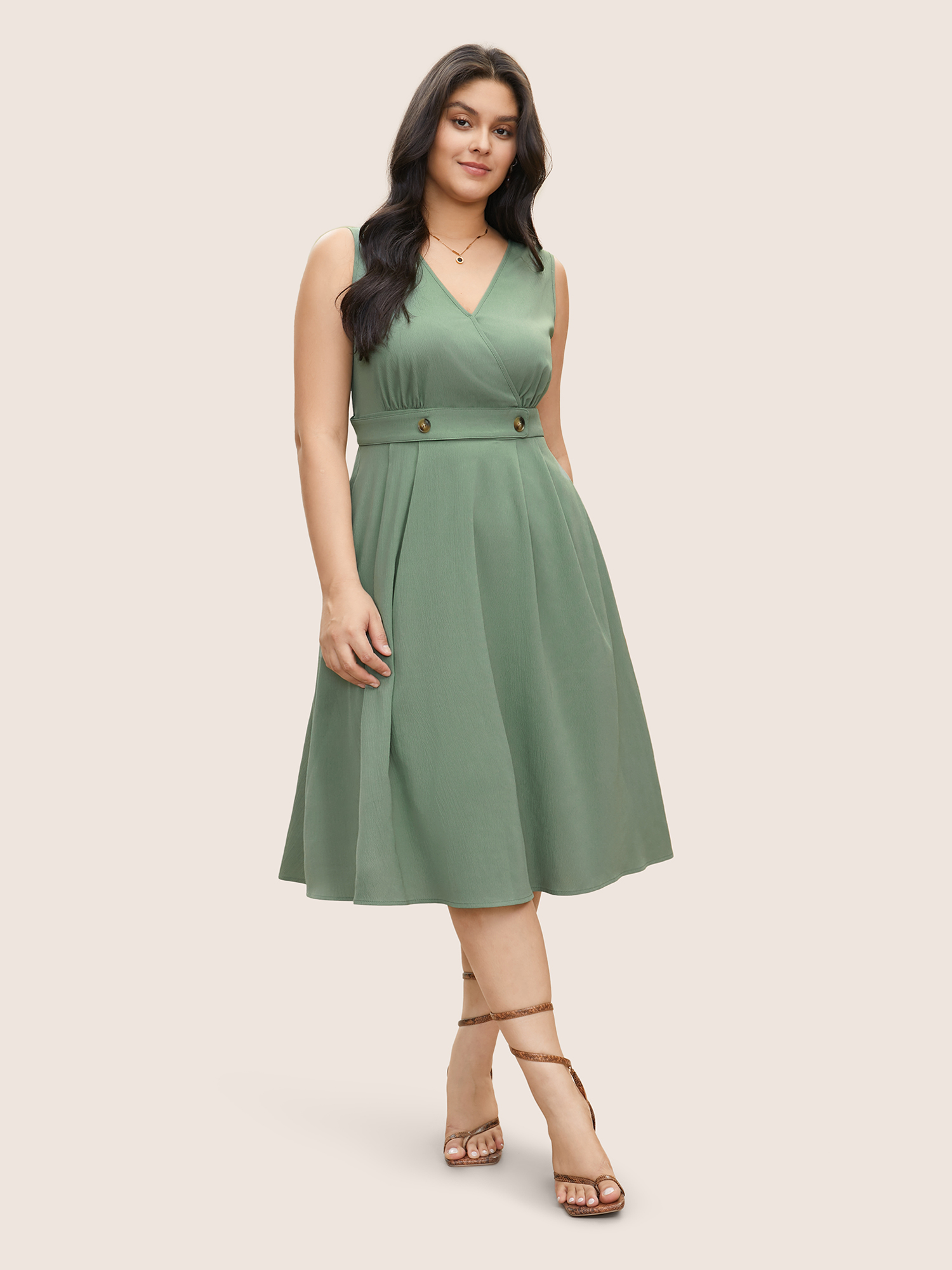 

Plus Size Plain Wrap Button Detail Pleated Tank Dress Sage Women Workwear Essentials Non Overlap Collar Sleeveless Curvy Midi Dress BloomChic