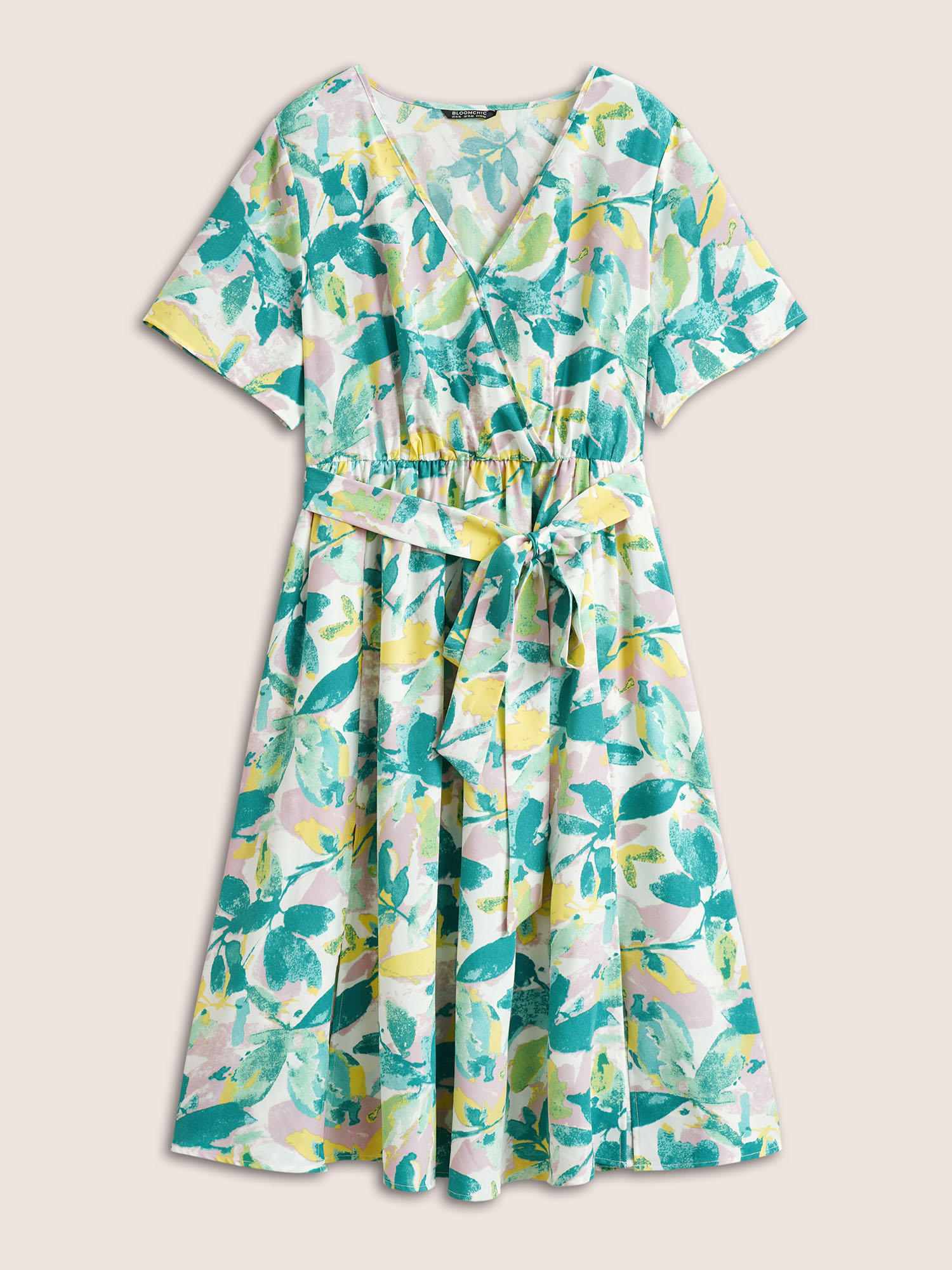 Plus Size Overlap Collar Plants Print Elastic Waist Belted Dress Emerald Women Non Curvy Midi Dress BloomChic 26/4X 