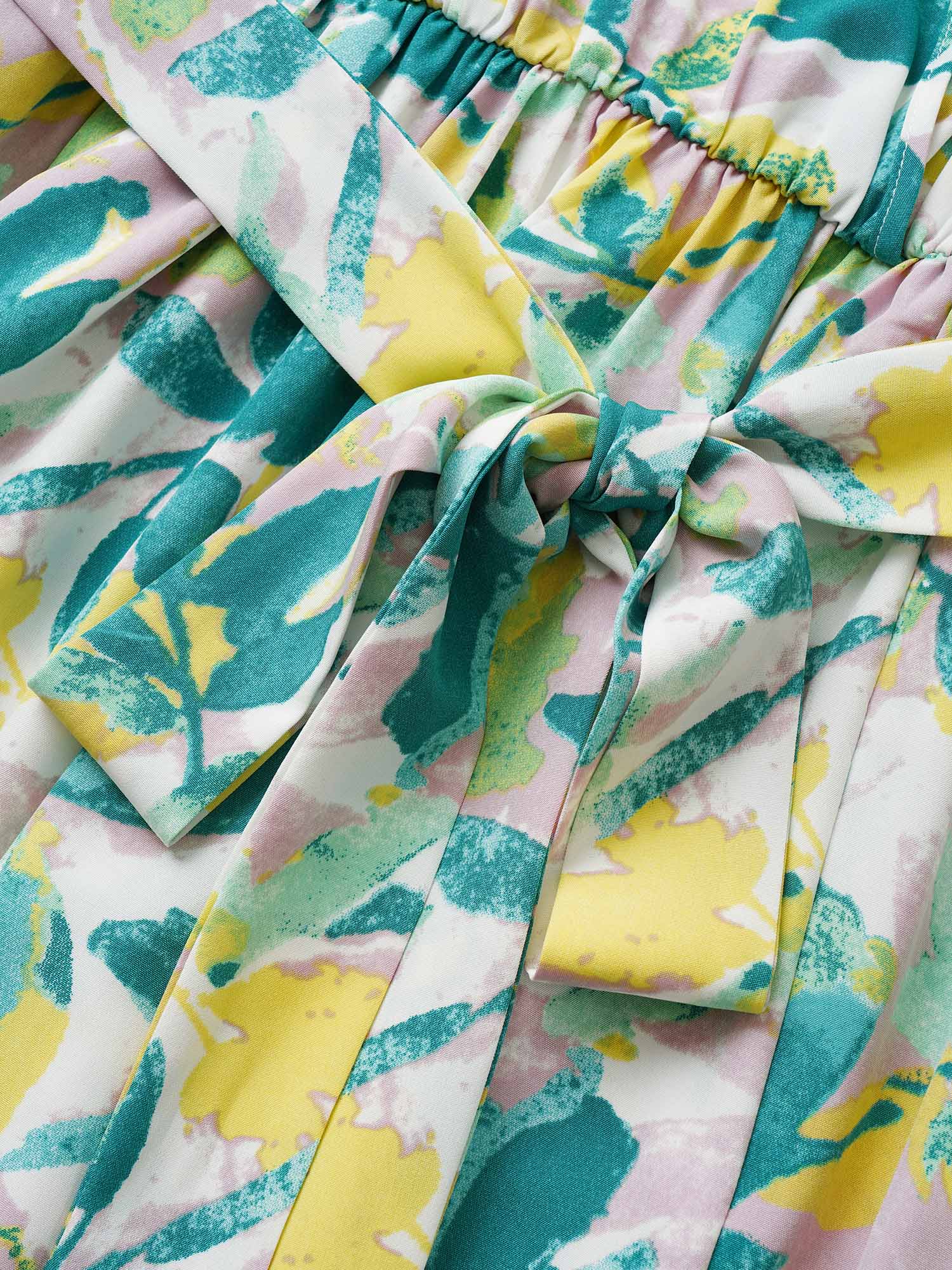 Plus Size Overlap Collar Plants Print Elastic Waist Belted Dress Emerald Women Non Curvy Midi Dress BloomChic 26/4X 