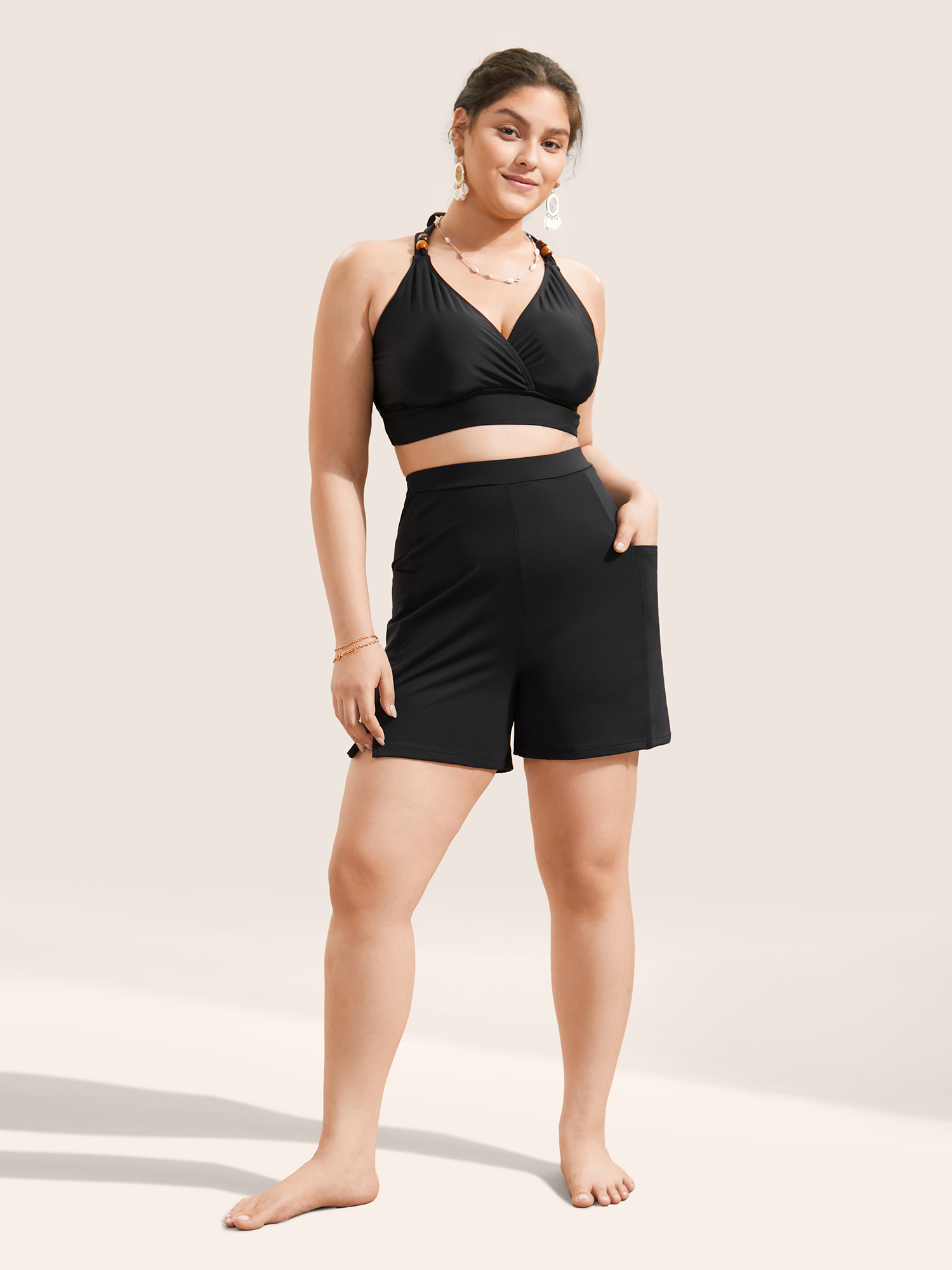 

Plus Size High Rise Pocket Split Side Swim Bottom Women's Swimwear Black Beach Non High stretch Bodycon High Rise Slanted pocket Curve Swim Bottoms BloomChic