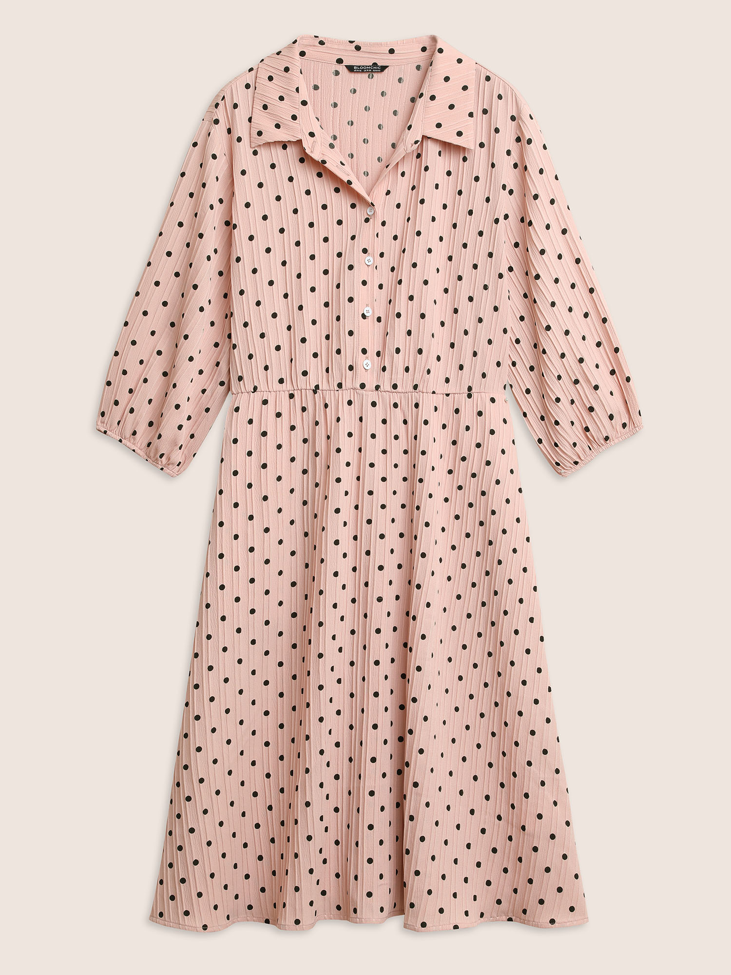 

Plus Size Polka Dot Textured Elastic Waist Button Up Dress MistyRose Women At the Office Non Shirt collar Elbow-length sleeve Curvy Midi Dress BloomChic