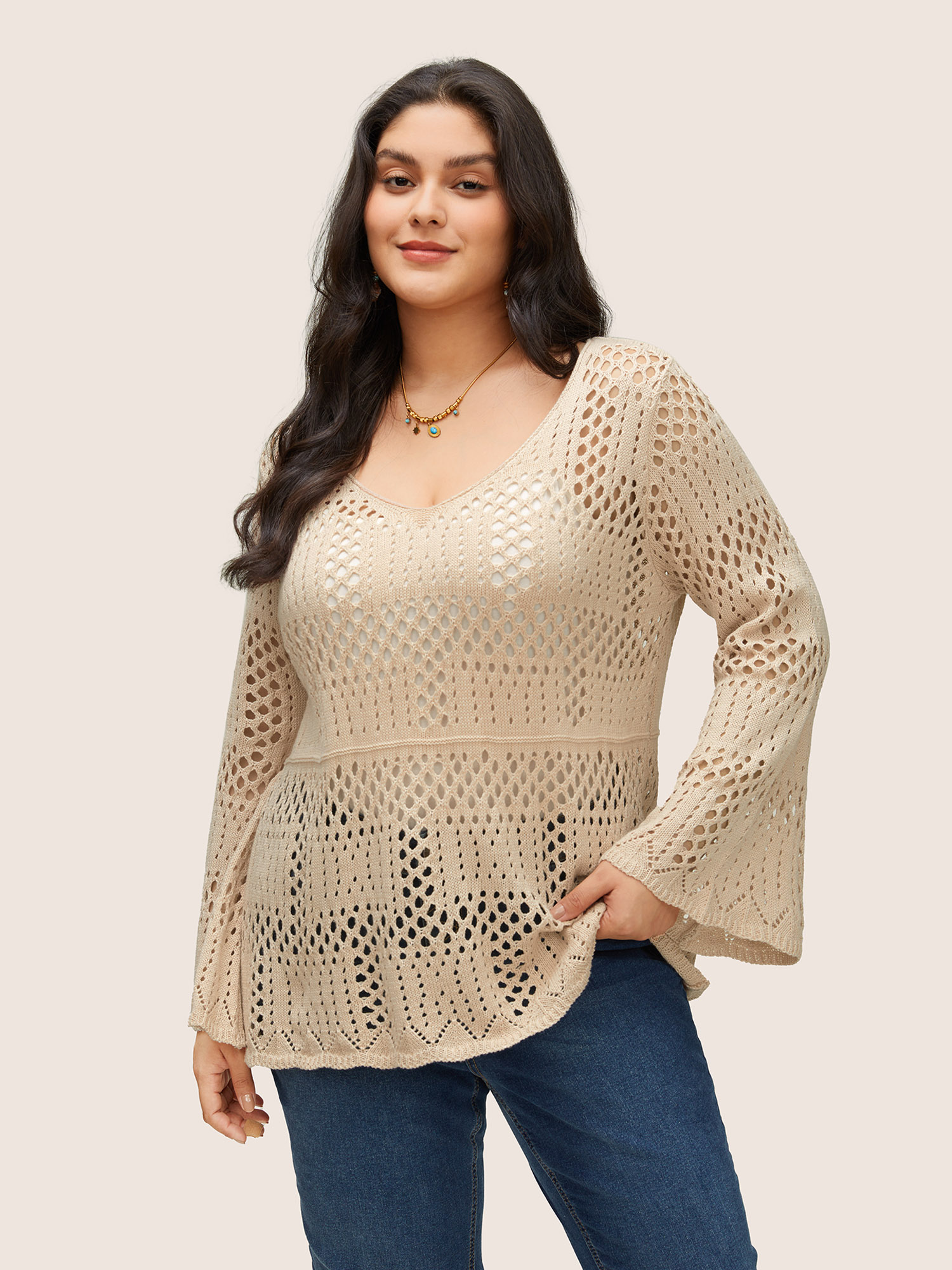 

Plus Size Plain Cable Knit Scoop Neck Bell Sleeve Pullover Apricot Long Sleeve Scoop Neck Casual Knit Tops  Bloomchic