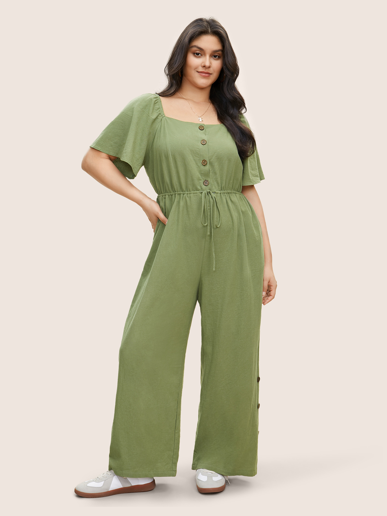 

Plus Size Sage Plain Button Detail Drawstring Square Neck Jumpsuit Women Casual Short sleeve Square Neck Everyday Loose Jumpsuits BloomChic