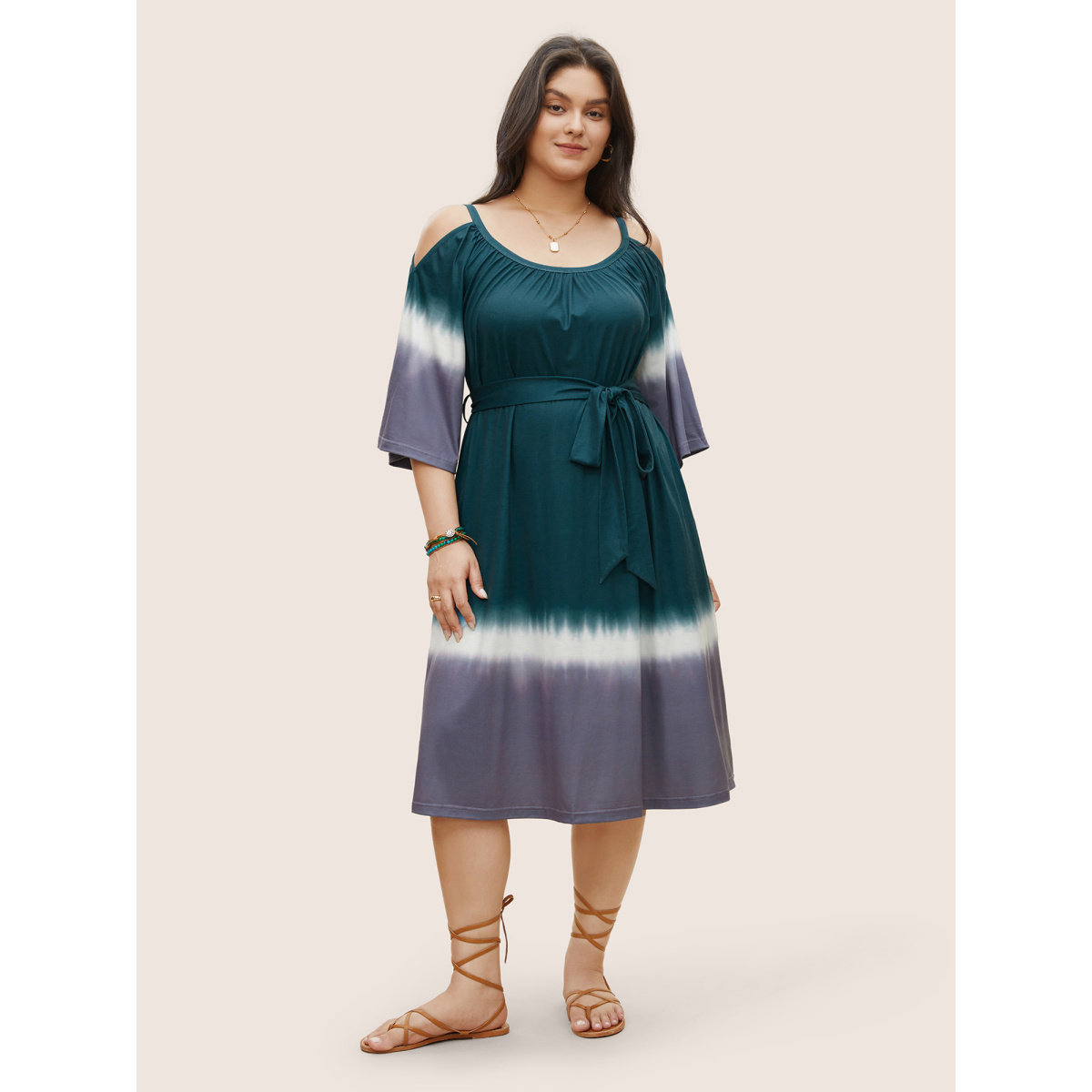 

Plus Size Tie Dye Gathered Cold Shoulder Belted Dress Teal Women Non U-neck Curvy Midi Dress BloomChic