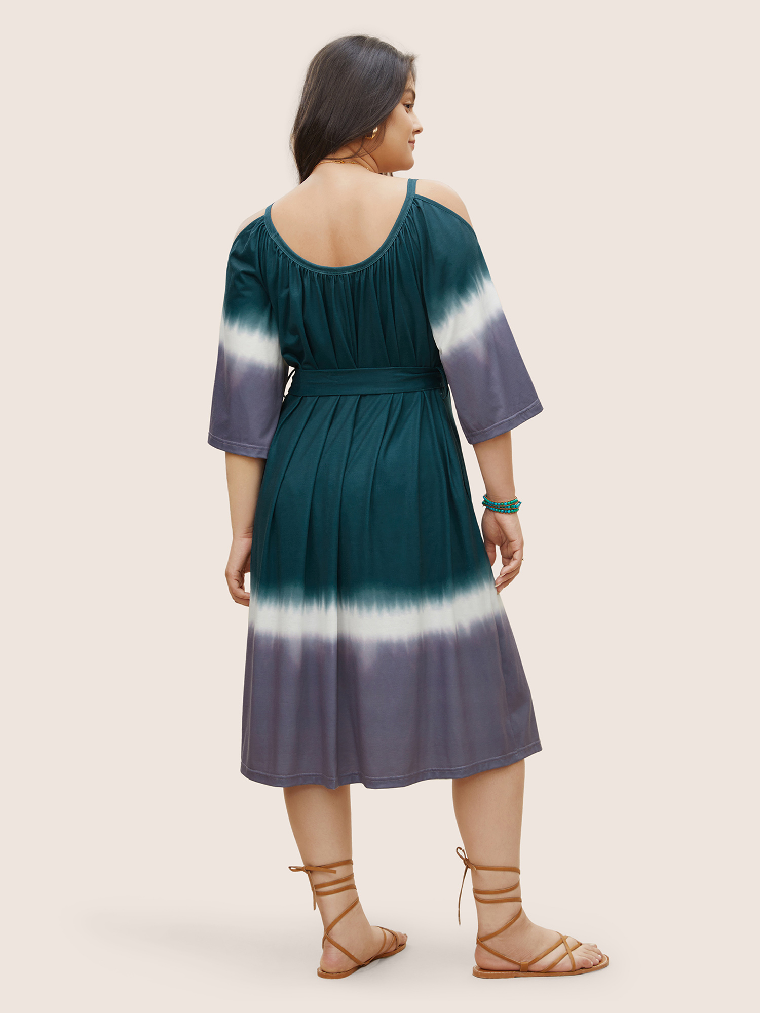 

Plus Size Tie Dye Gathered Cold Shoulder Belted Dress Teal Women Non U-neck Curvy Midi Dress BloomChic