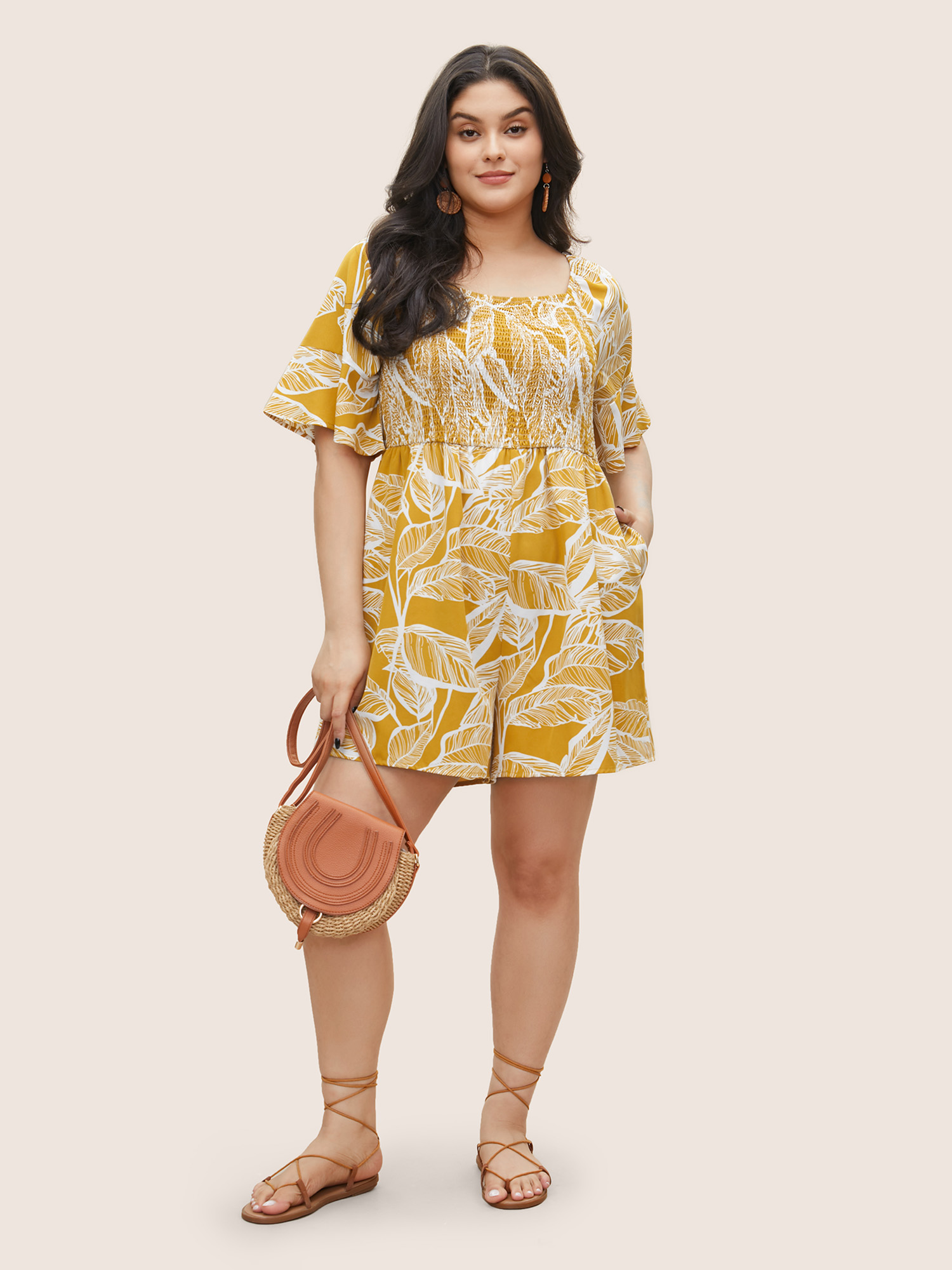 Plus Size Yellow Floral Shirred Elastic Waist Gathered Jumpsuit Women Resort Short sleeve Square Neck Vacation Loose Jumpsuits BloomChic 10/M 