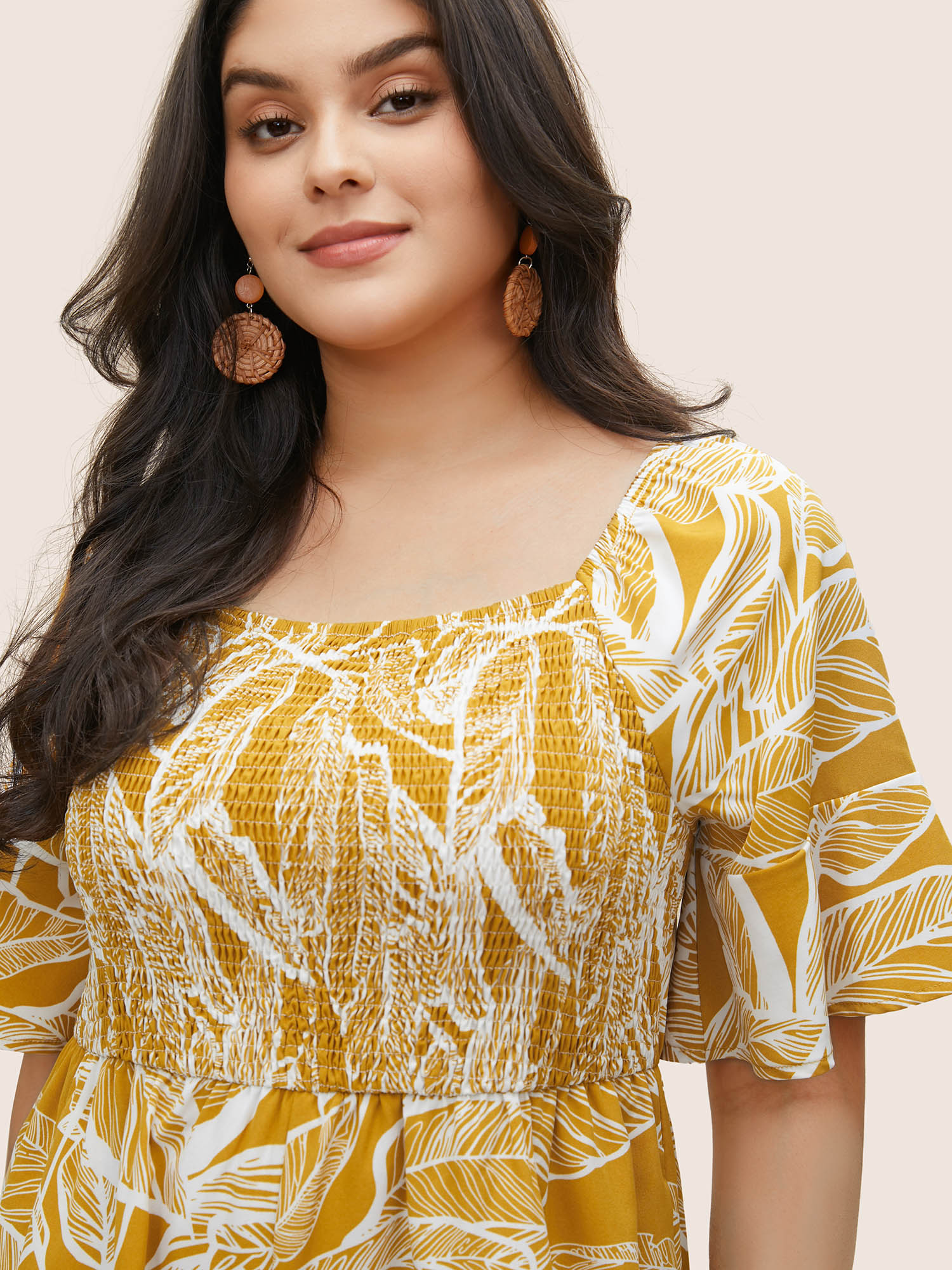 Plus Size Yellow Floral Shirred Elastic Waist Gathered Jumpsuit Women Resort Short sleeve Square Neck Vacation Loose Jumpsuits BloomChic 10/M 