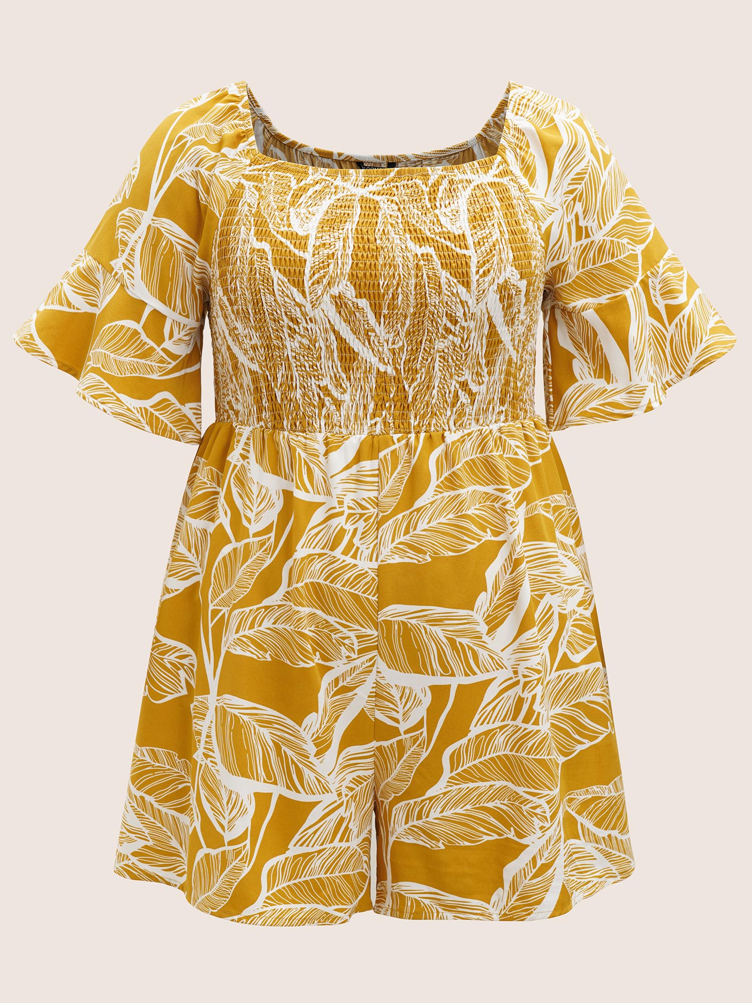 Plus Size Yellow Floral Shirred Elastic Waist Gathered Jumpsuit Women Resort Short sleeve Square Neck Vacation Loose Jumpsuits BloomChic 10/M 