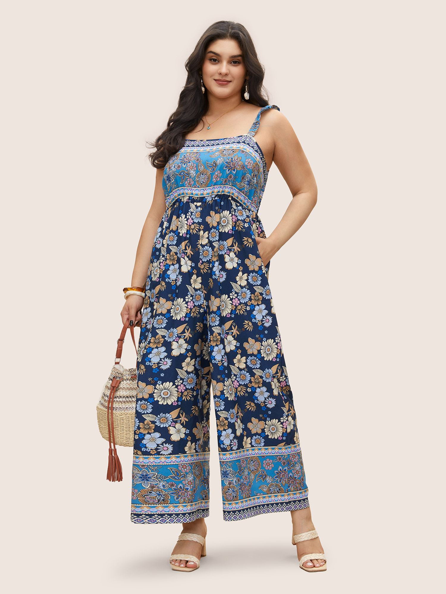 

Plus Size Indigo Boho Print Elastic Waist Ruffles Cami Jumpsuit Women Resort Sleeveless Non Vacation Loose Jumpsuits BloomChic