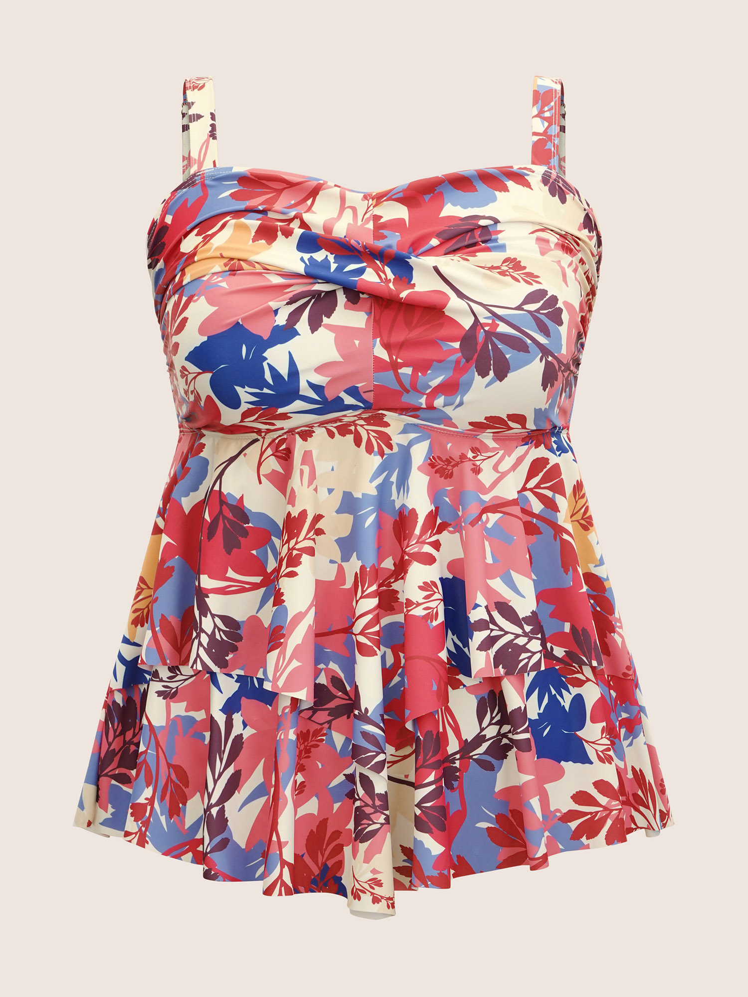 Plus Size Silhouette Floral Print Crossover Tiered Hem Swim Top Women`s Swimwear Multicolor Beach Twist High stretch Bodycon Heart neckline Curve Swim Tops BloomChic 14-16/1X 