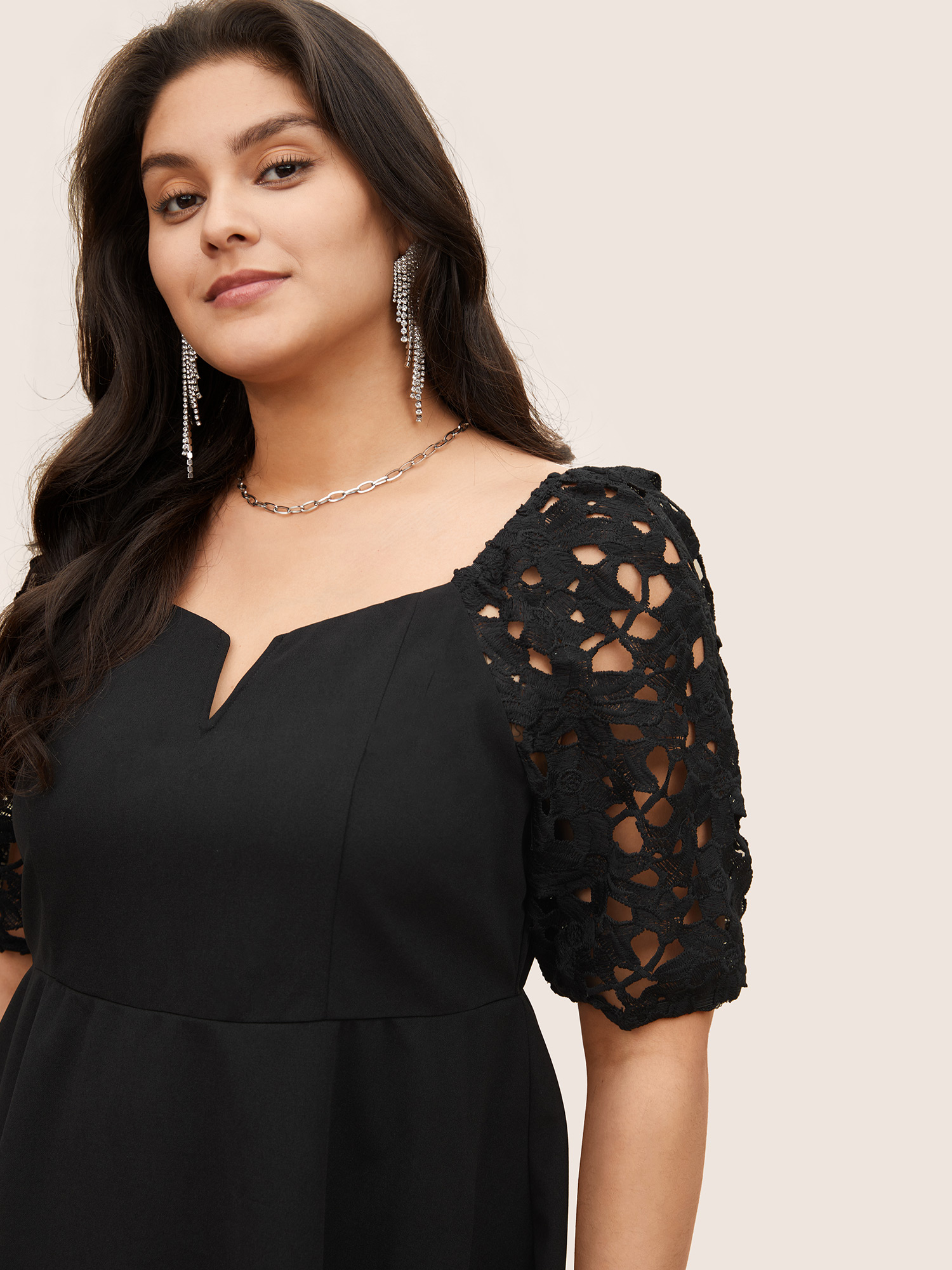 

Plus Size Black Lace Panel Cut Out Notched Blouse Women Elegant Short sleeve Notched collar Everyday Blouses BloomChic