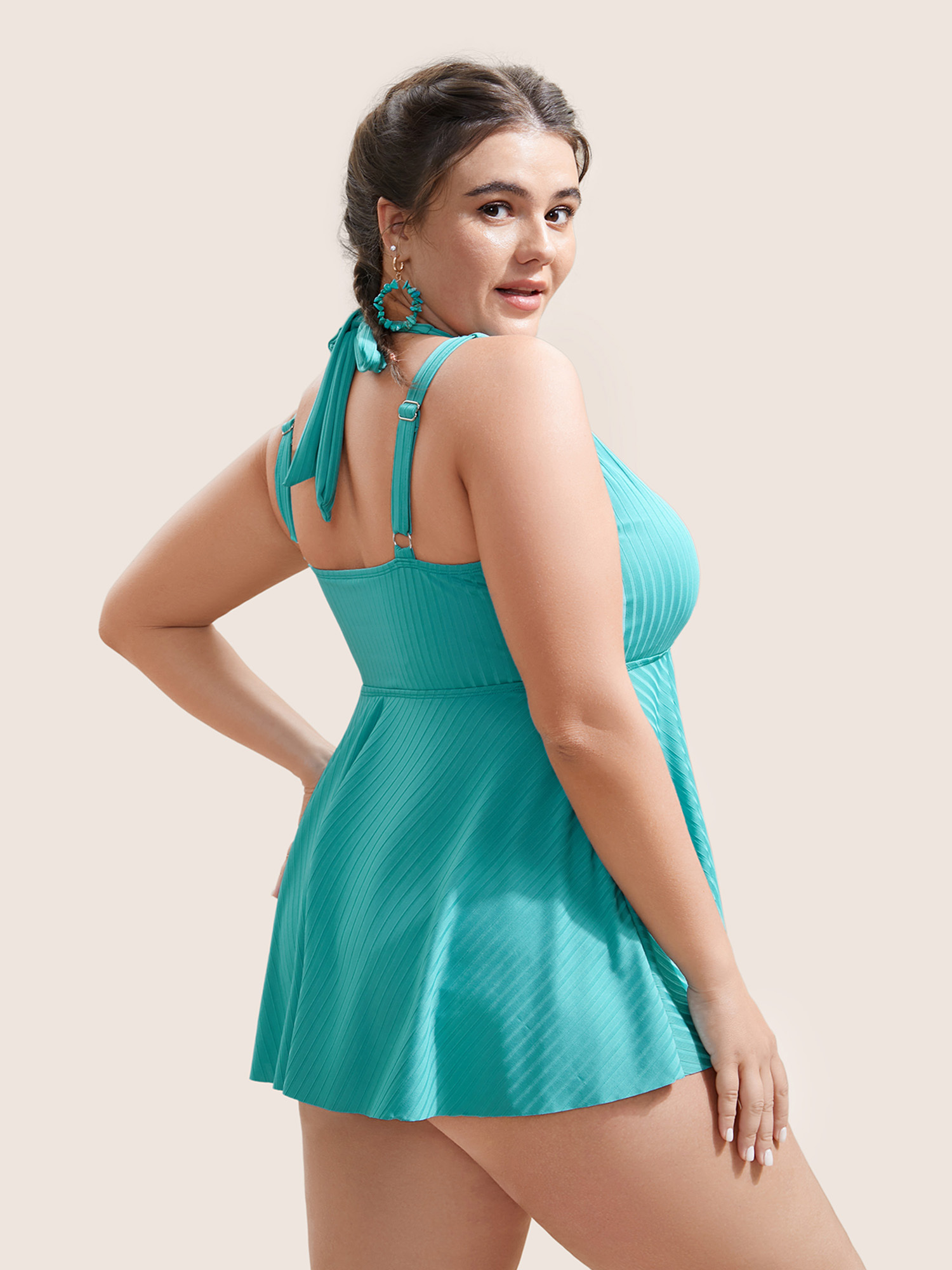 Plus Size Solid Texture Halter Ties Swim Top Women`s Swimwear Mint Beach Non High stretch Bodycon Halter neck Curve Swim Tops BloomChic 22-24/3X 