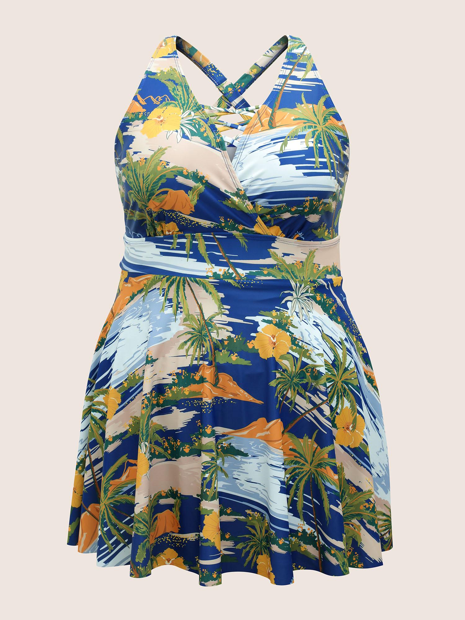 

Plus Size Tropical Print Crisscross Cut Out Swim Dress Women's Swimwear Multicolor Beach Bodycon V-neck High stretch Curve Swim Dresses BloomChic