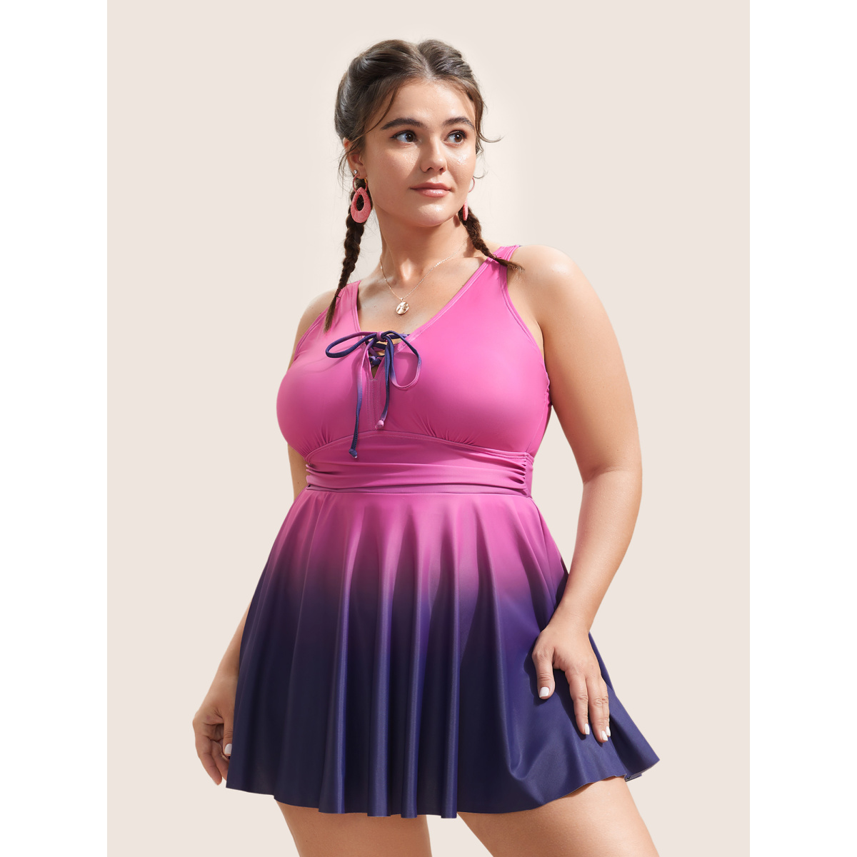

Plus Size Ombre Contrast Ruched Lace Up Swim Dress Women's Swimwear RedViolet Beach Bodycon V-neck High stretch Curve Swim Dresses BloomChic