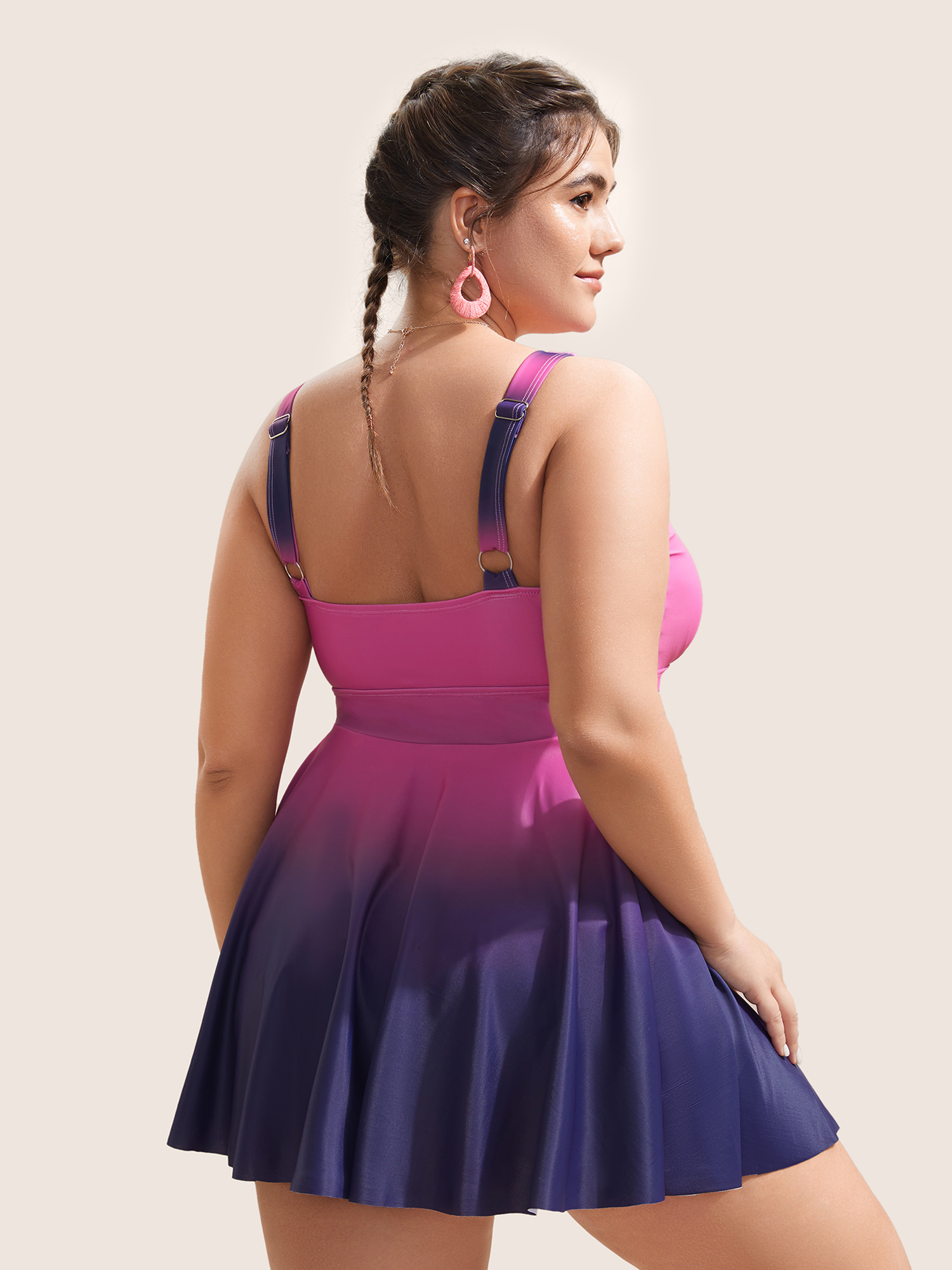 Plus Size Ombre Contrast Ruched Lace Up Swim Dress Women`s Swimwear RedViolet Beach Bodycon V-neck High stretch Curve Swim Dresses BloomChic 28/5X 