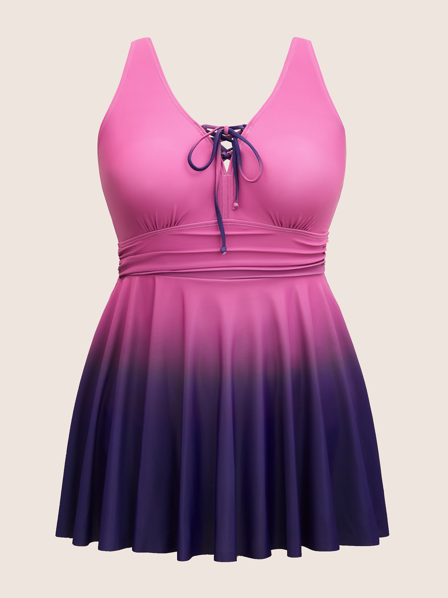 Plus Size Ombre Contrast Ruched Lace Up Swim Dress Women`s Swimwear RedViolet Beach Bodycon V-neck High stretch Curve Swim Dresses BloomChic 28/5X 