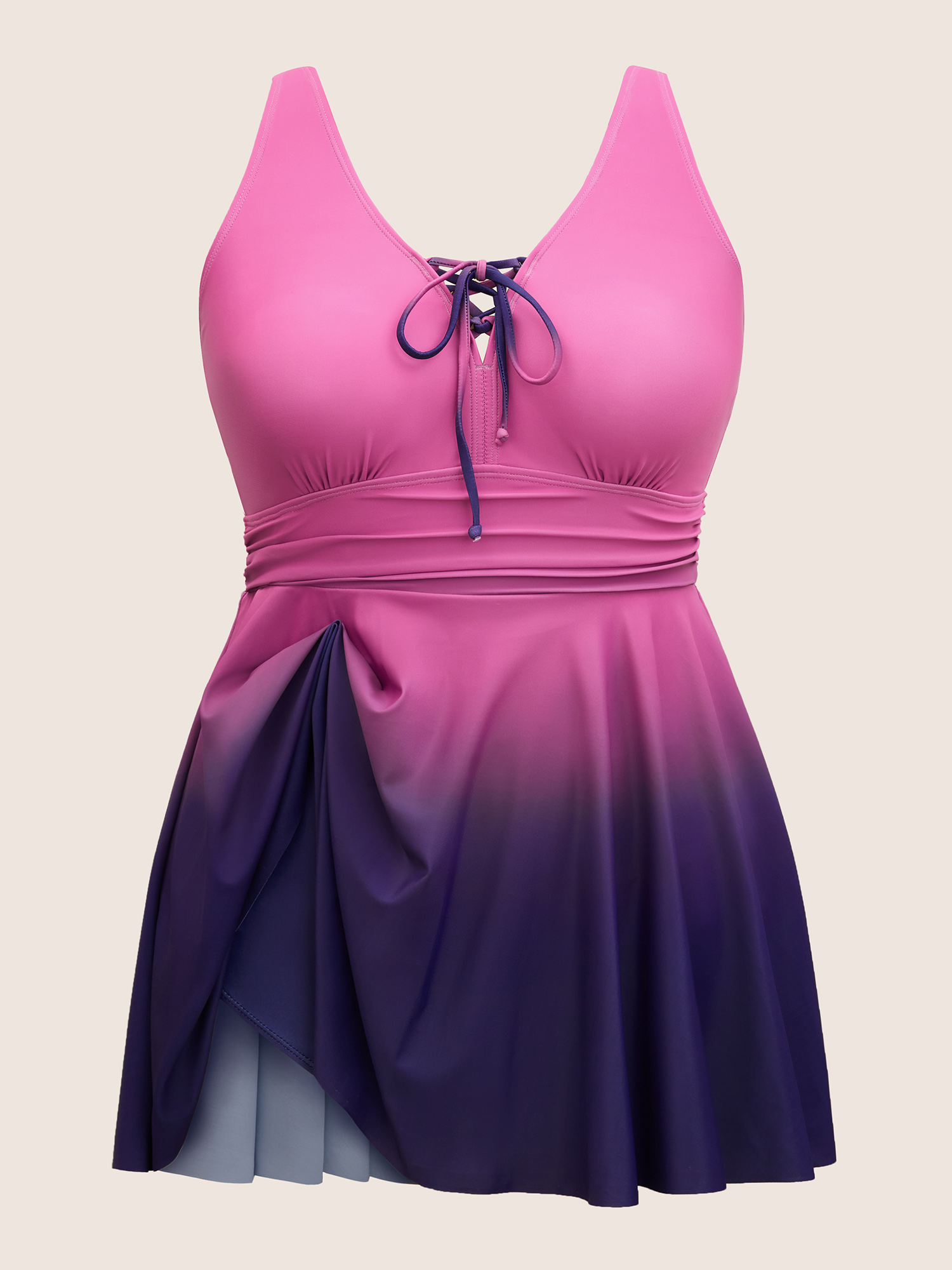 Plus Size Ombre Contrast Ruched Lace Up Swim Dress Women`s Swimwear RedViolet Beach Bodycon V-neck High stretch Curve Swim Dresses BloomChic 28/5X 