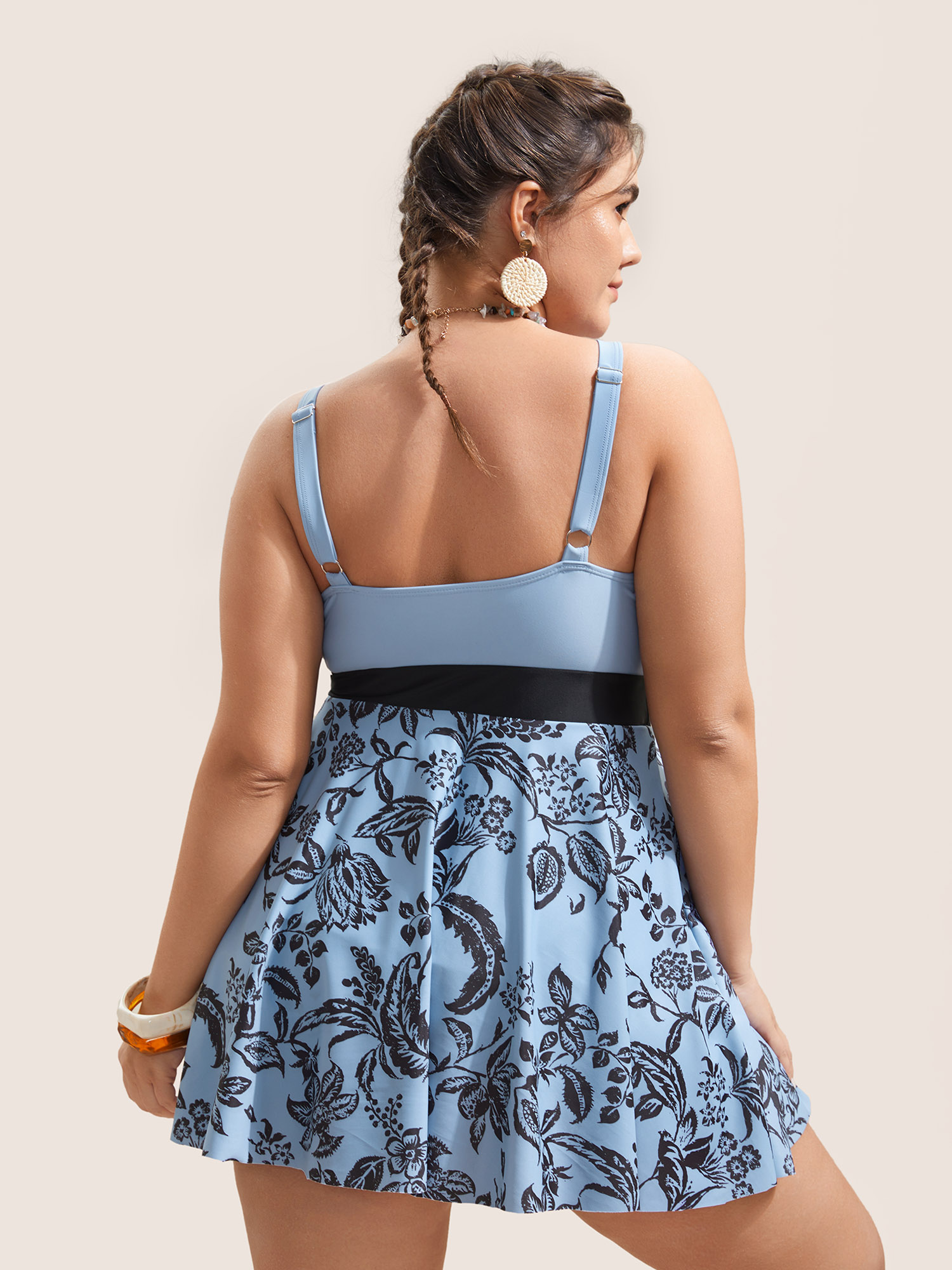 Plus Size Silhouette Floral Print Ruched Lace Up Swim Dress Women`s Swimwear Stone Beach Bodycon V-neck High stretch Curve Swim Dresses BloomChic 18-20/2X 