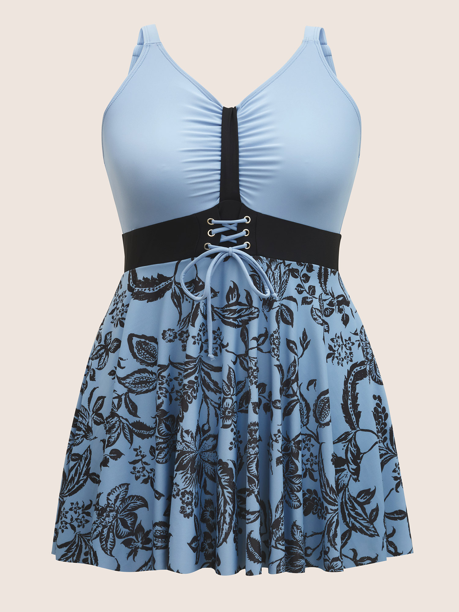 Plus Size Silhouette Floral Print Ruched Lace Up Swim Dress Women`s Swimwear Stone Beach Bodycon V-neck High stretch Curve Swim Dresses BloomChic 18-20/2X 