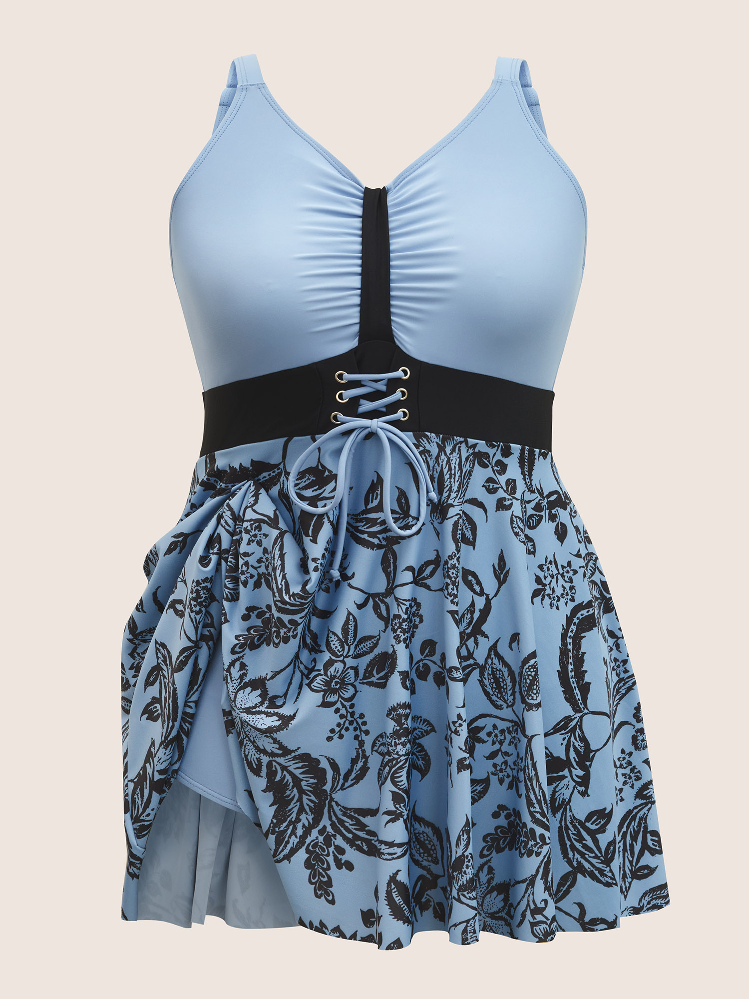 Plus Size Silhouette Floral Print Ruched Lace Up Swim Dress Women`s Swimwear Stone Beach Bodycon V-neck High stretch Curve Swim Dresses BloomChic 18-20/2X 