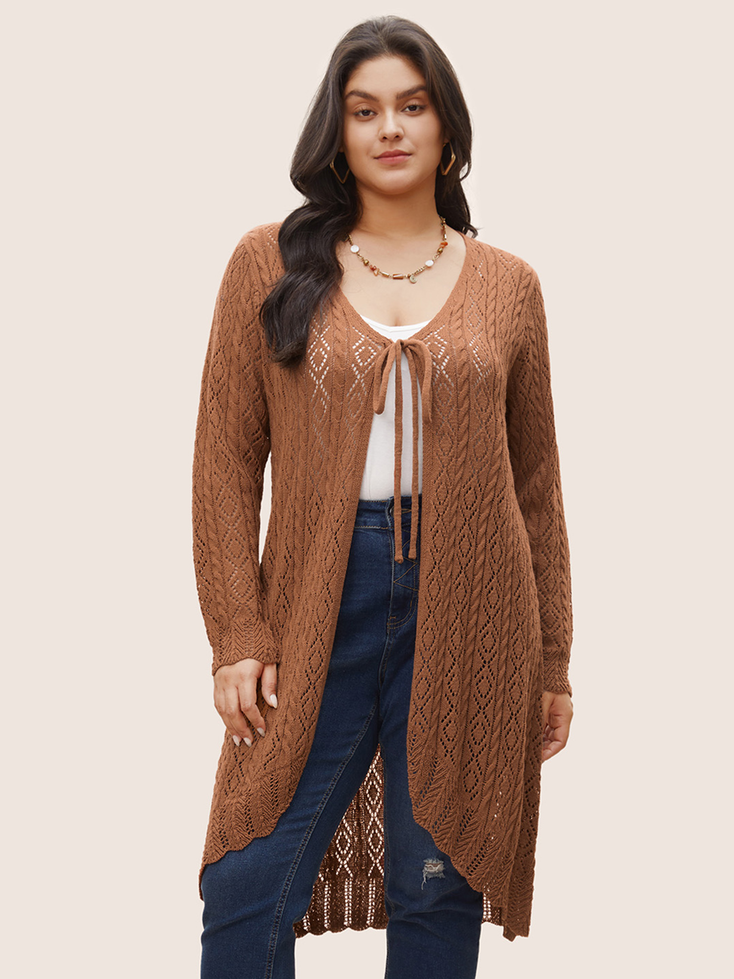 

Plus Size Plain Ties Arc Hem Hollow Out Cardigan Chocolate Women Elegant Long Sleeve Everyday Cardigans BloomChic