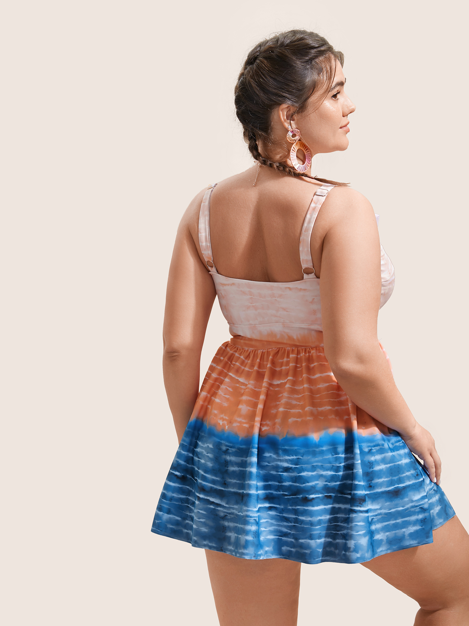 Plus Size Tie Dye Contrast Ruffles Trim Swim Dress Women`s Swimwear Multicolor Beach Bodycon V-neck High stretch Curve Swim Dresses BloomChic 12/L 