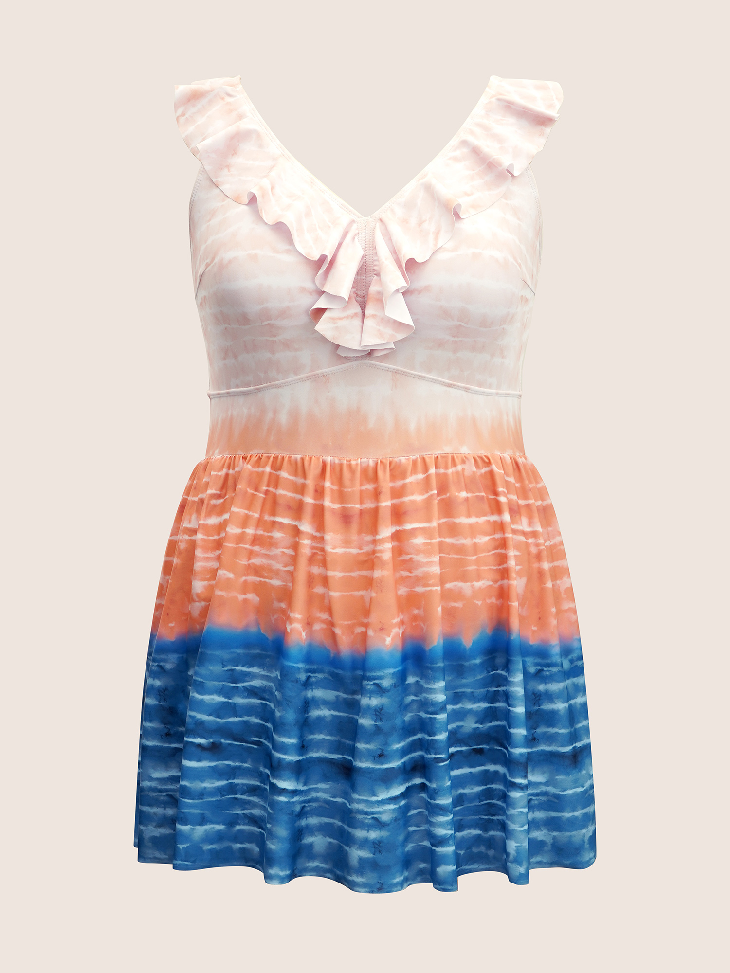Plus Size Tie Dye Contrast Ruffles Trim Swim Dress Women`s Swimwear Multicolor Beach Bodycon V-neck High stretch Curve Swim Dresses BloomChic 12/L 