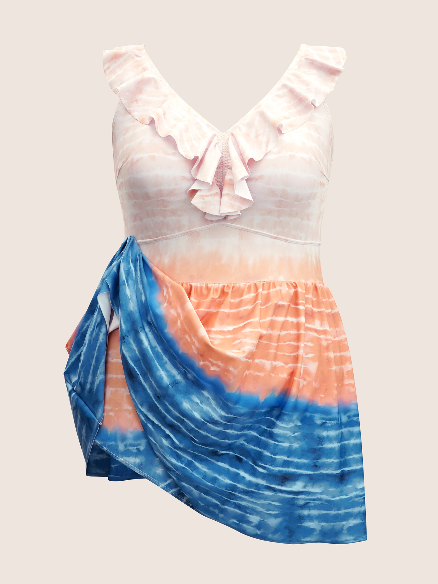 Plus Size Tie Dye Contrast Ruffles Trim Swim Dress Women`s Swimwear Multicolor Beach Bodycon V-neck High stretch Curve Swim Dresses BloomChic 12/L 