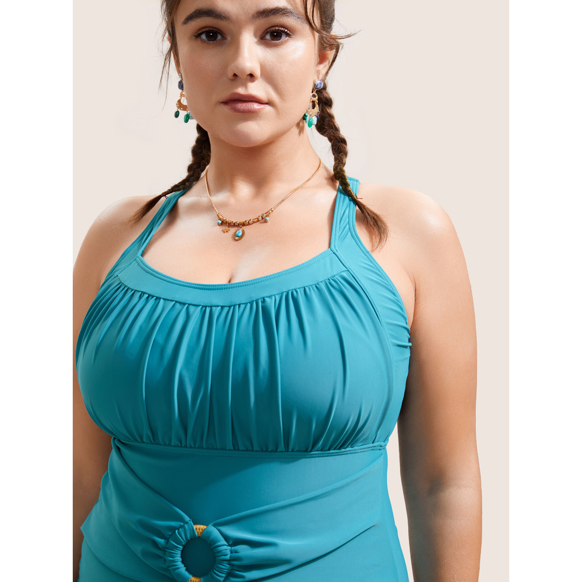 

Plus Size Solid Buckle Detail Gathered One Piece Swimsuit Women's Swimwear Teal Beach Non Curve Bathing Suits High stretch One Pieces BloomChic