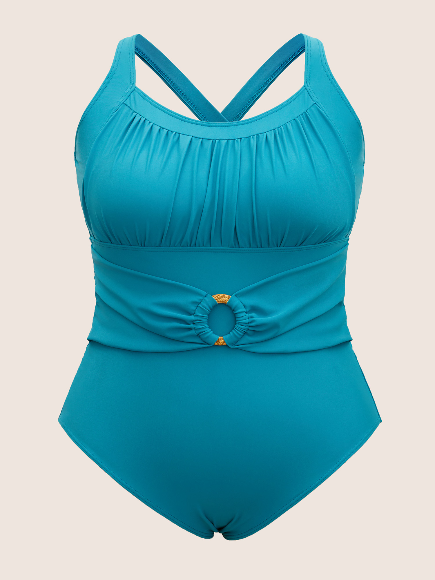 Plus Size Solid Buckle Detail Gathered One Piece Swimsuit Women`s Swimwear Teal Beach Non Curve Bathing Suits High stretch One Pieces BloomChic 14-16/1X 