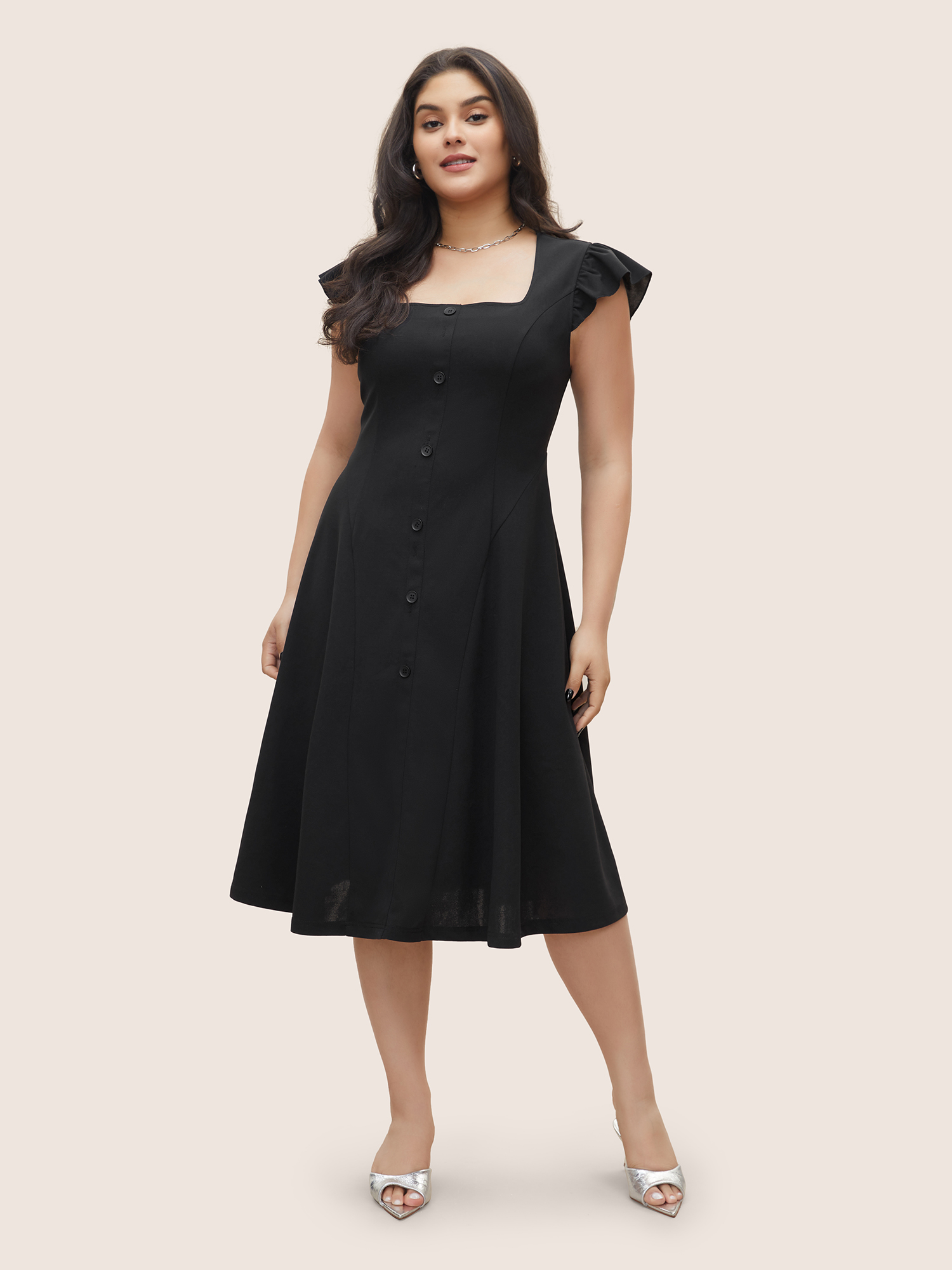 

Plus Size Solid Ruffle Cap Sleeve Button Detail Dress Black Women At the Office Non Square Neck Cap Sleeve Curvy Midi Dress BloomChic