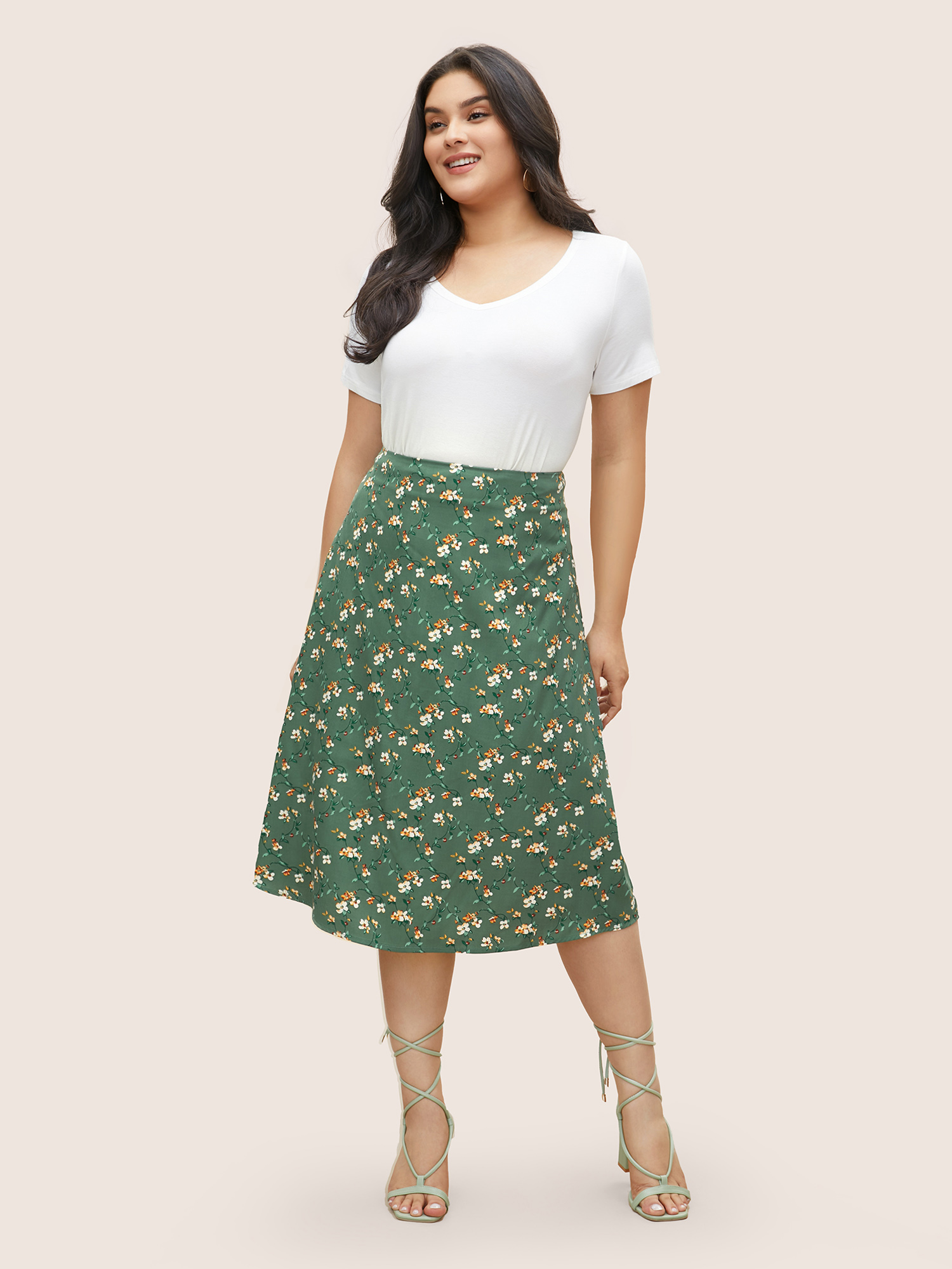 

Plus Size Ditsy Floral Print Zipper Fly Cropped Skirt Women Mint Elegant Non No stretch Everyday Skirts BloomChic